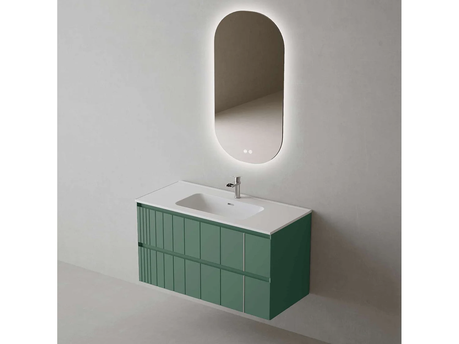 Meuble Salle de Bain POLE (81 cm x H54 x P45 cm), Plan Vasque Céramique WM, 2 Tiroirs, Laqué Vert Mint