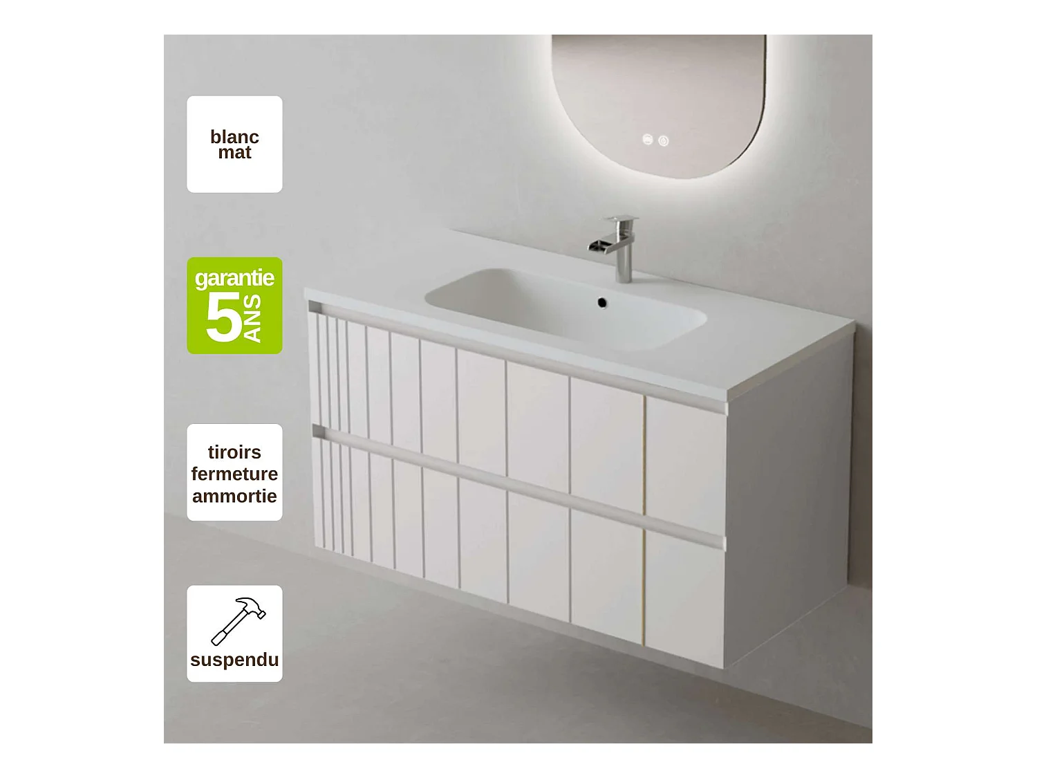 Meuble Salle de Bain POLE (101 cm x H54 x P45 cm), Plan Vasque Solide Surface MB, 2 Tiroirs, Laqué Blanc Mat