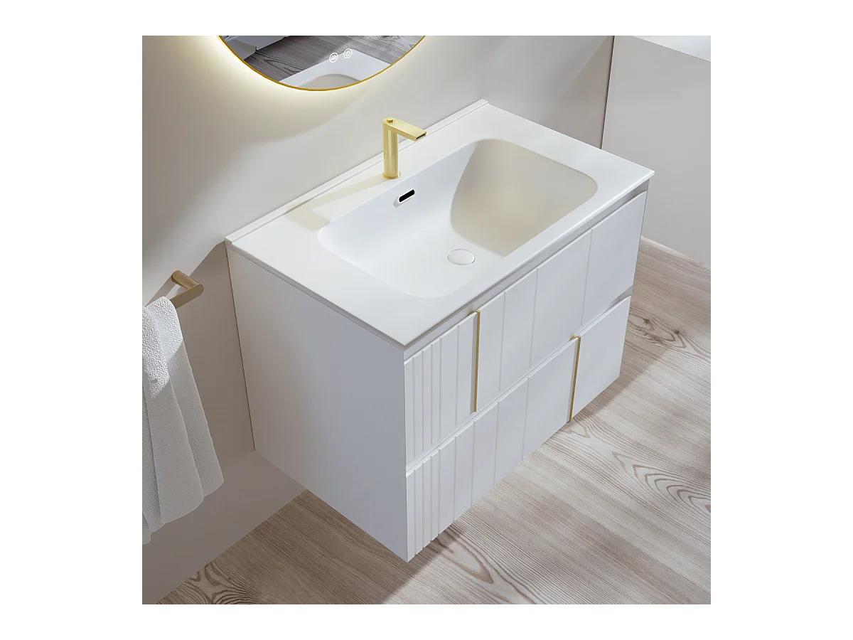 Meuble Salle de Bain POLE (101 cm x H54 x P45 cm), Plan Vasque Solide Surface MB, 2 Tiroirs, Laqué Blanc Mat