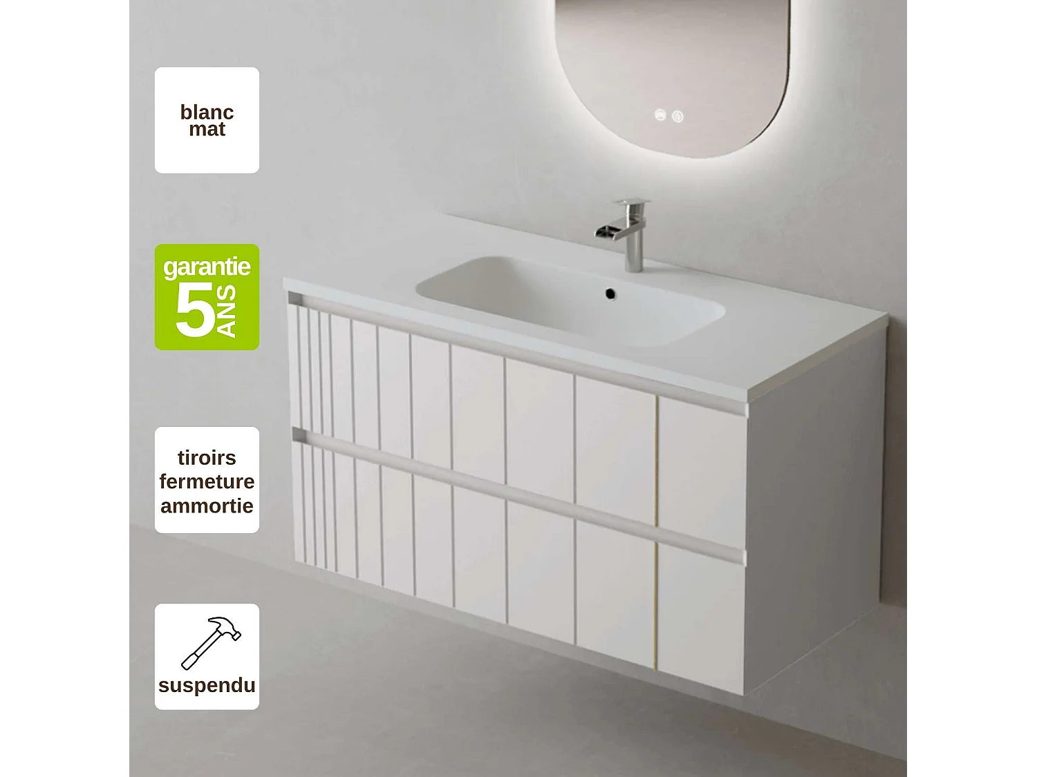 Meuble Salle de Bain POLE (101 cm x H54 x P45 cm), Plan Vasque Solide Surface MB, 2 Tiroirs, Laqué Blanc Mat