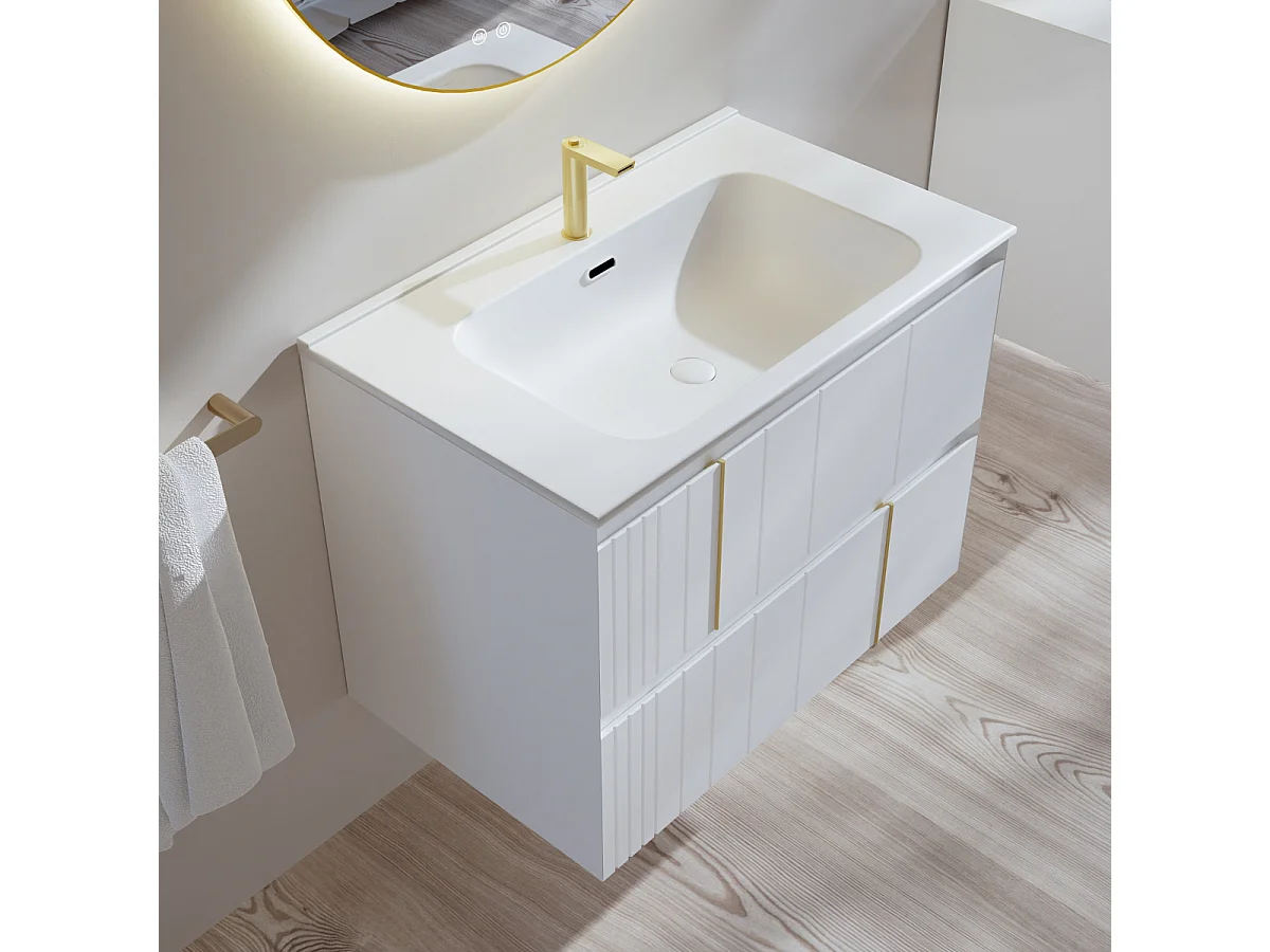 Meuble Salle de Bain POLE (101 cm x H54 x P45 cm), Plan Vasque Solide Surface MB, 2 Tiroirs, Laqué Blanc Mat