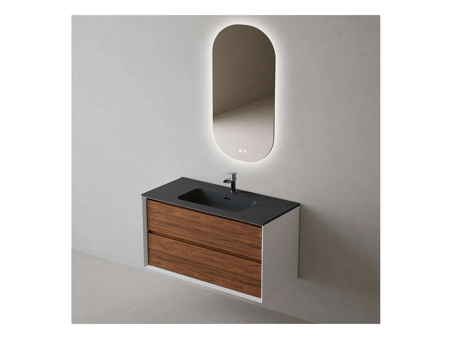 Meuble Salle de Bain COOL  (101 cm x H54 x P45 cm), Plan Vasque Céramique NM, 2 Tiroirs, Laqué Blanc Mat/Noyer