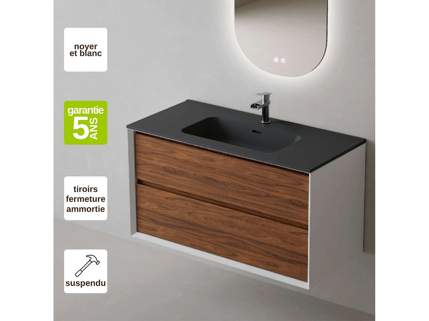 Meuble Salle de Bain COOL  (101 cm x H54 x P45 cm), Plan Vasque Céramique NM, 2 Tiroirs, Laqué Blanc Mat/Noyer