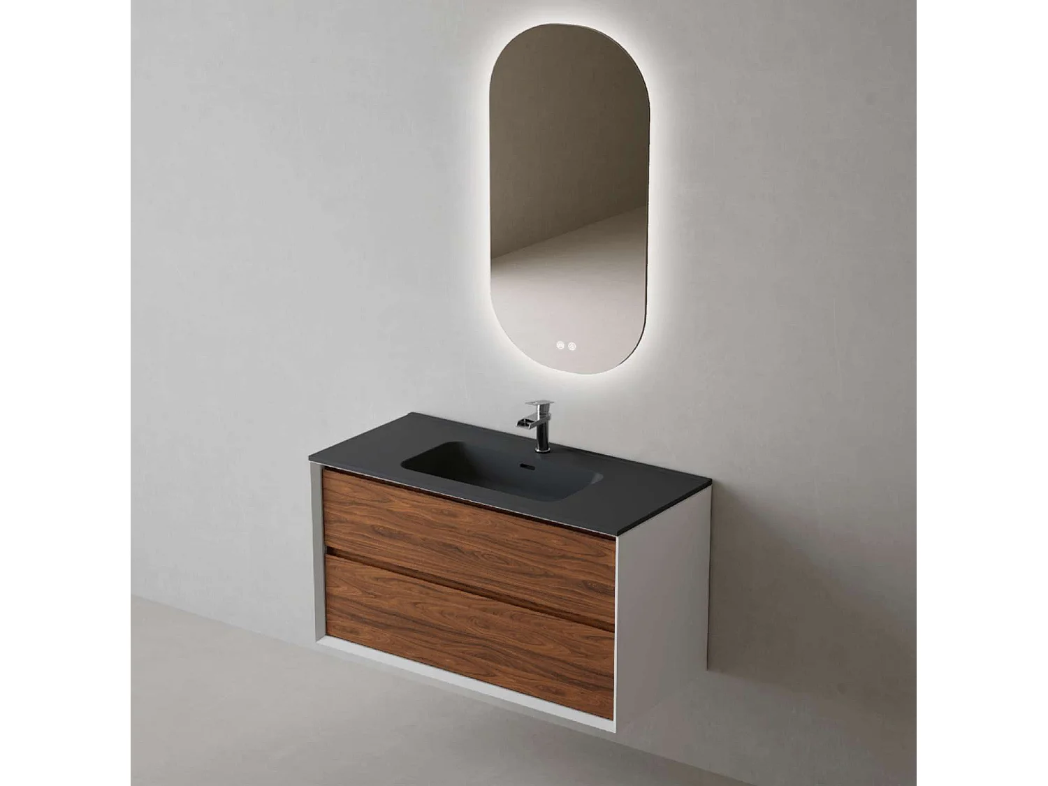 Meuble Salle de Bain COOL  (101 cm x H54 x P45 cm), Plan Vasque Céramique NM, 2 Tiroirs, Laqué Blanc Mat/Noyer