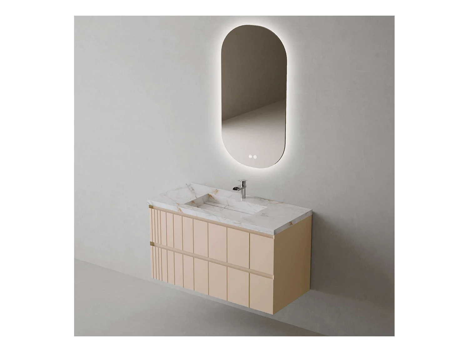 Meuble Salle de Bain POLE (61 cm x H54 x P45 cm), Plan Grès Cérame BS, 2 Tiroirs, Laqué Greige Mat