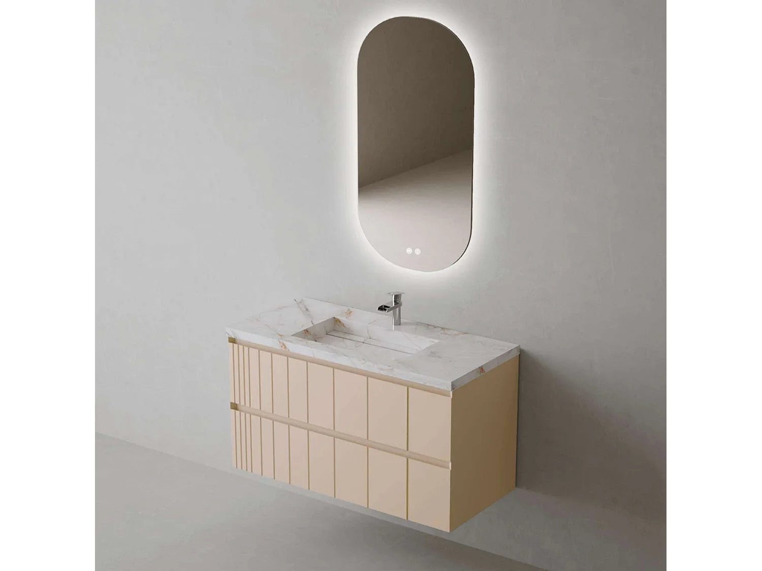 Meuble Salle de Bain POLE (61 cm x H54 x P45 cm), Plan Grès Cérame BS, 2 Tiroirs, Laqué Greige Mat