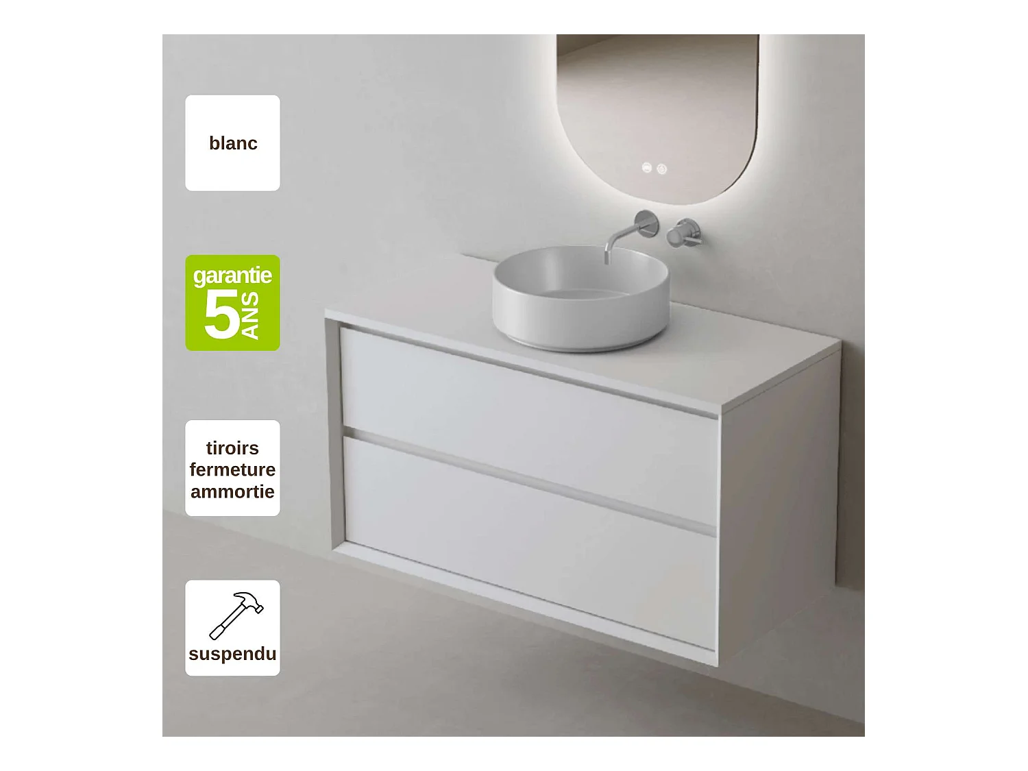 Meuble Salle de Bain COOL  (61 cm x H54 x P45 cm), Plan Vasque Marin ROLL WB, 2 Tiroirs, Laqué Blanc Mat/Noyer