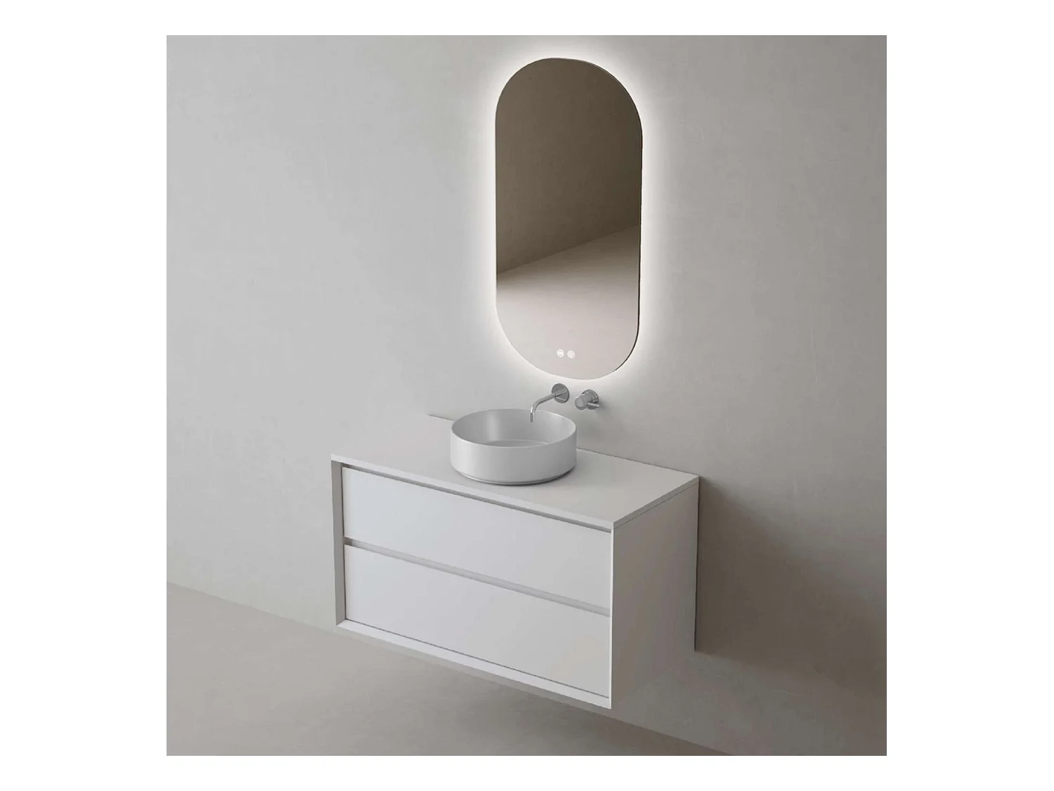 Meuble Salle de Bain COOL  (61 cm x H54 x P45 cm), Plan Vasque Marin ROLL WB, 2 Tiroirs, Laqué Blanc Mat/Noyer