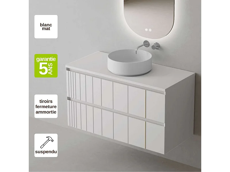 Meuble Salle de Bain POLE (101 cm x H54 x P45 cm), Plan Vasque Marin ROLL W.Mat, 2 Tiroirs, Laqué Blanc Mat