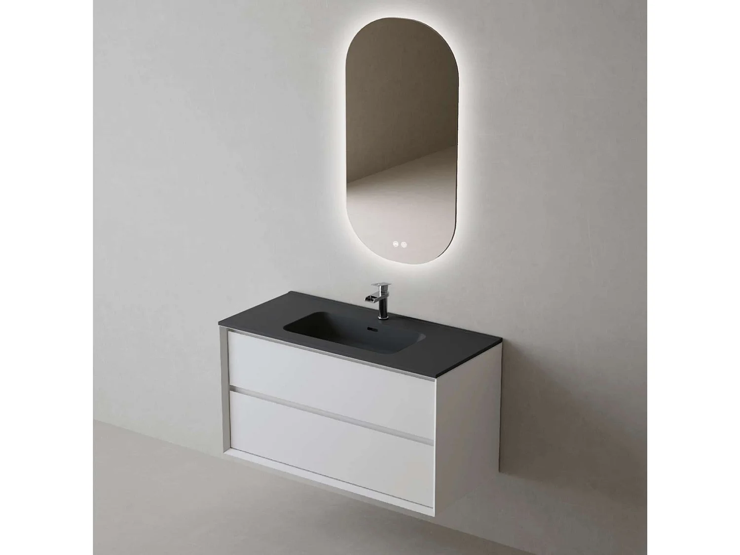 Meuble Salle de Bain COOL  (101 cm x H54 x P45 cm), Plan Vasque Céramique NM, 2 Tiroirs, Laqué Blanc Mat/Noyer