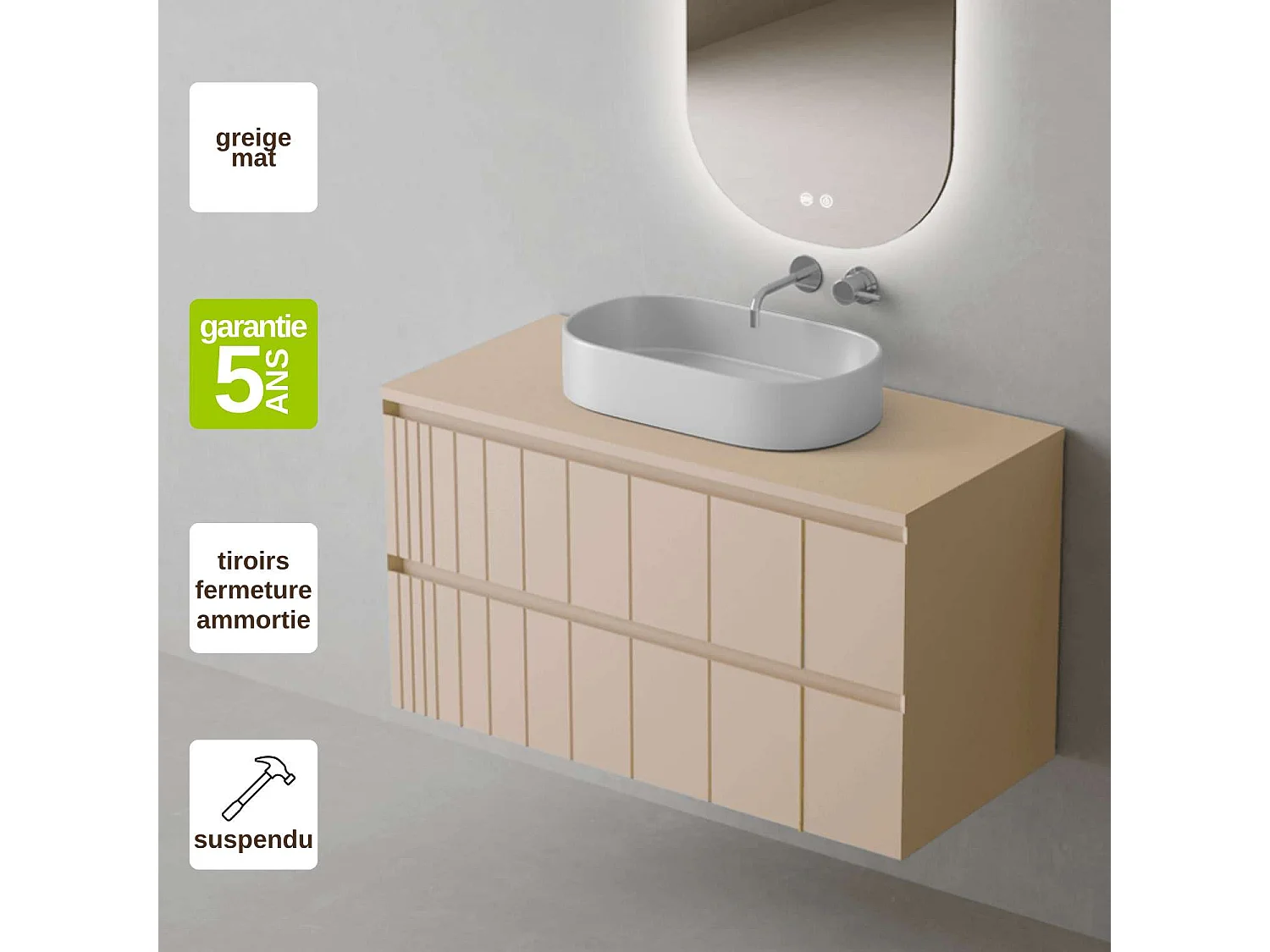 Meuble Salle de Bain POLE (61 cm x H54 x P45 cm), Plan Vasque Marin VAL WB, 2 Tiroirs, Laqué Greige Mat