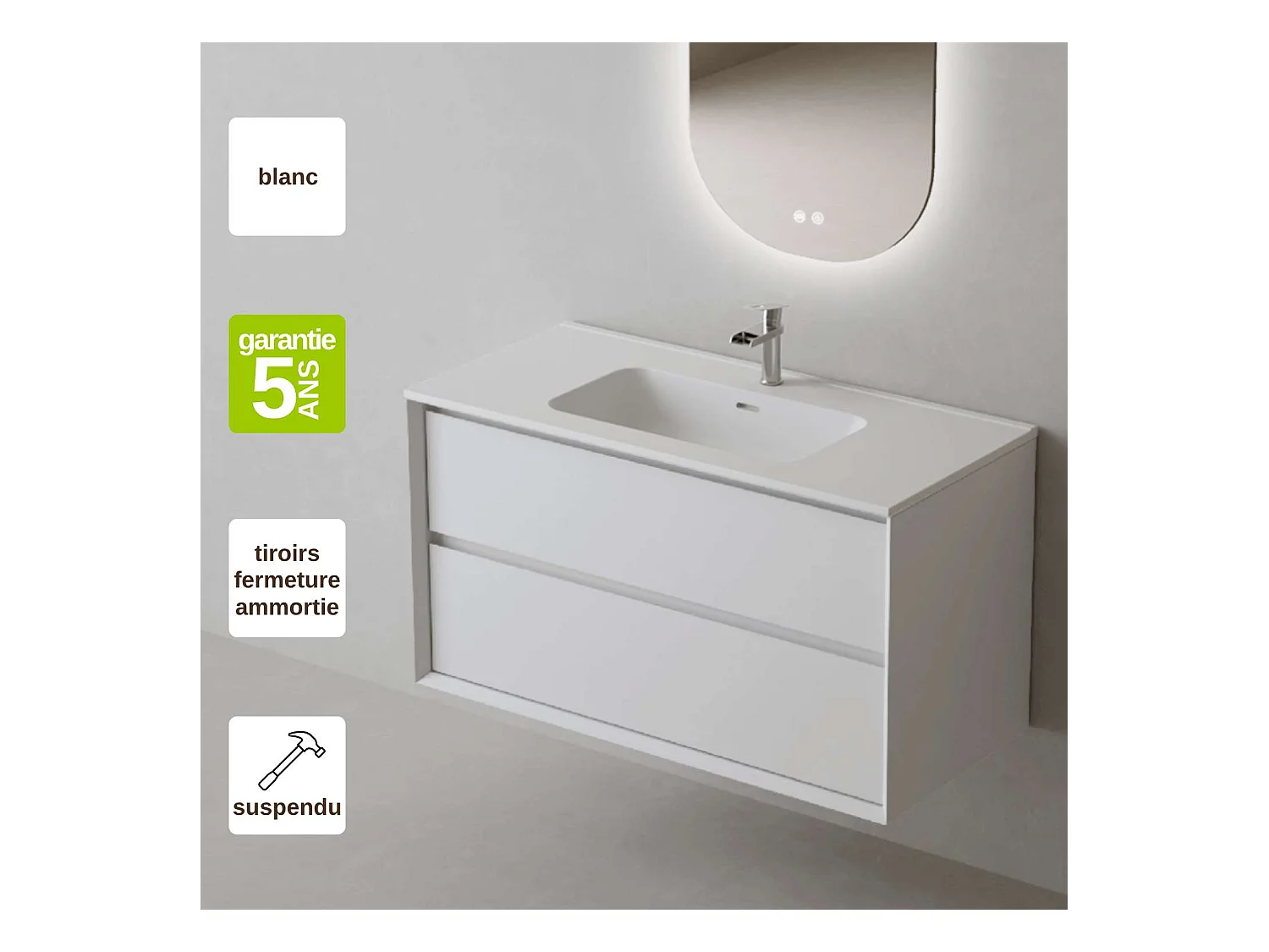 Meuble Salle de Bain COOL  (61 cm x H54 x P45 cm), Plan Vasque Céramique WM, 2 Tiroirs, Laqué Blanc Mat/Noyer