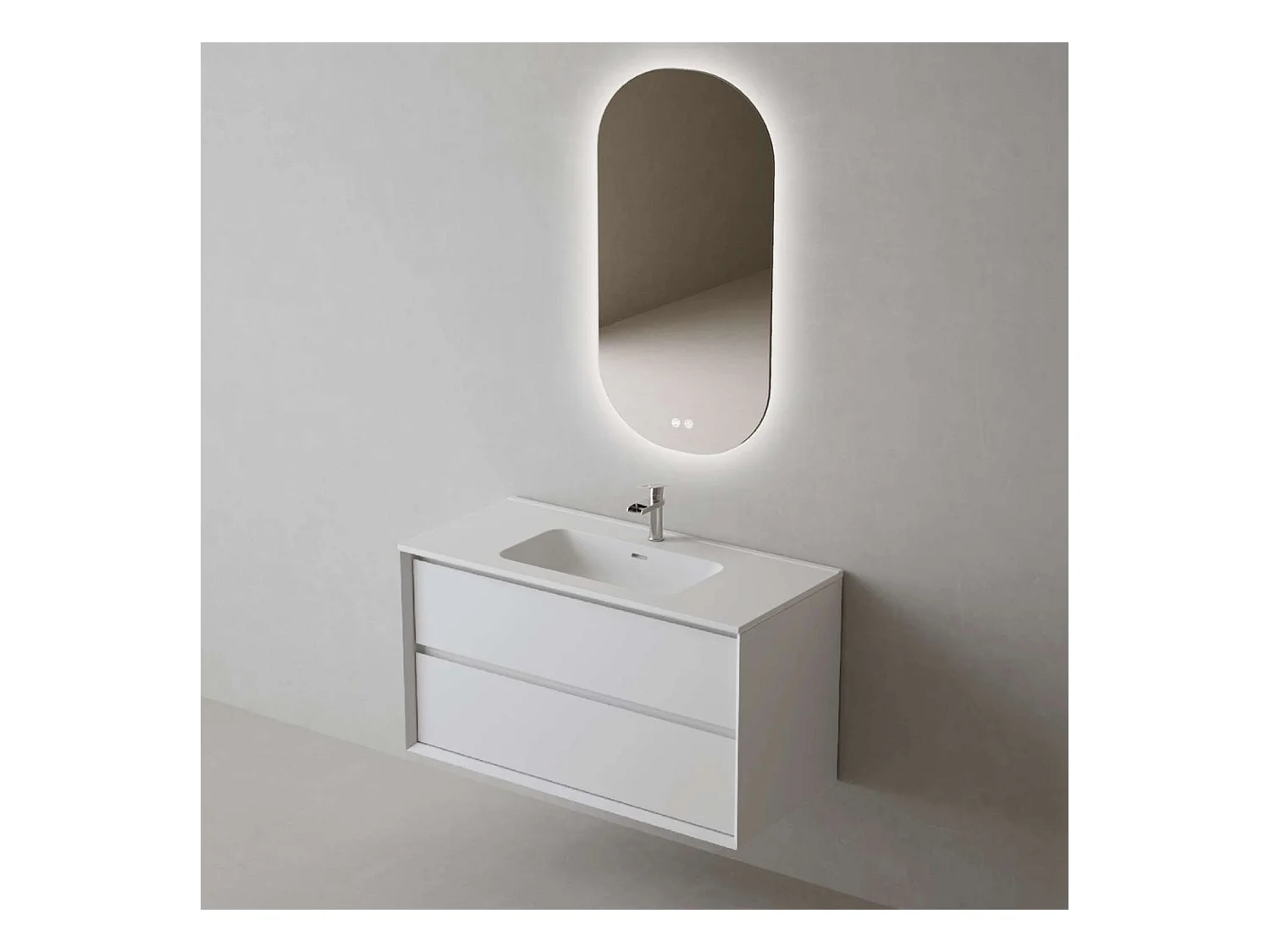 Meuble Salle de Bain COOL  (61 cm x H54 x P45 cm), Plan Vasque Céramique WM, 2 Tiroirs, Laqué Blanc Mat/Noyer