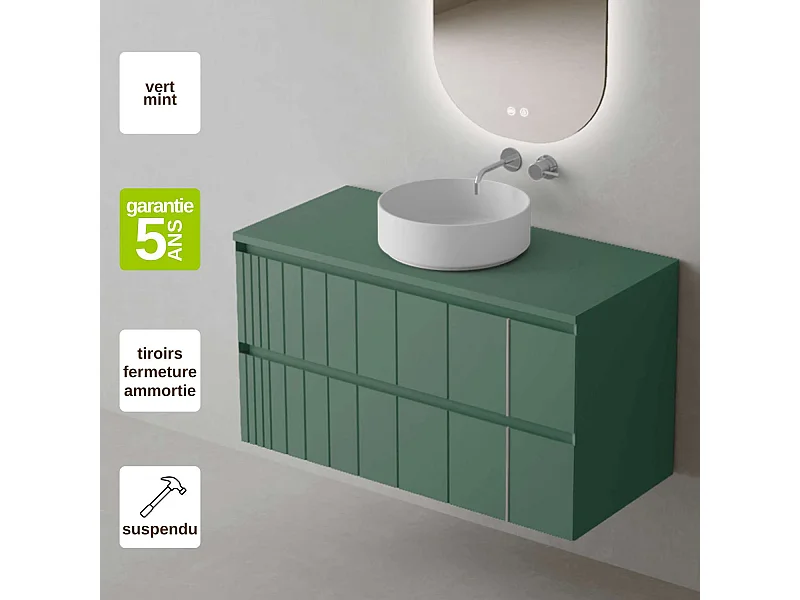 Meuble Salle de Bain POLE (61 cm x H54 x P45 cm), Plan Vasque Marin ROLL W.Brillant, 2 Tiroirs, Laqué Vert Mint
