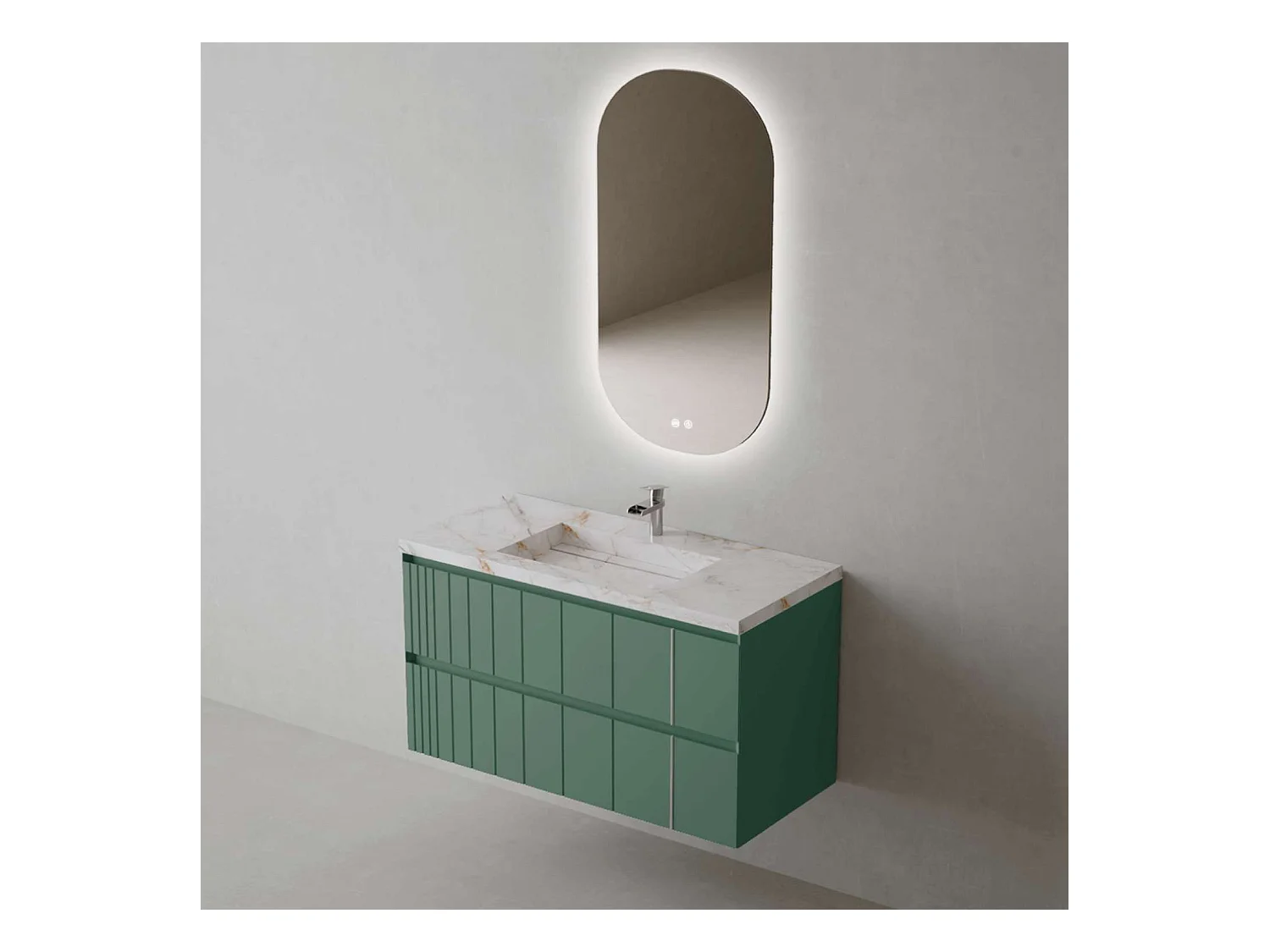 Meuble Salle de Bain POLE (101 cm x H54 x P45 cm), Plan Grès Cérame BS, 2 Tiroirs, Laqué Vert Mint
