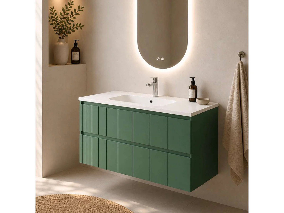 Meuble Salle de Bain POLE 100cm, Plan Vasque Grès Cérame, 2 Tiroirs, Laqué Vert Mint, H 54cm x P 45cm
