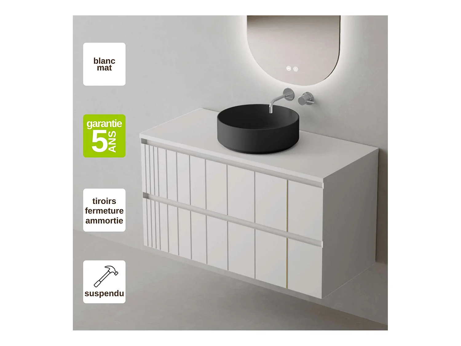 Meuble Salle de Bain POLE (61 cm x H54 x P45 cm), Plan Vasque Marin ROLL N.Mat, 2 Tiroirs, Laqué Blanc Mat