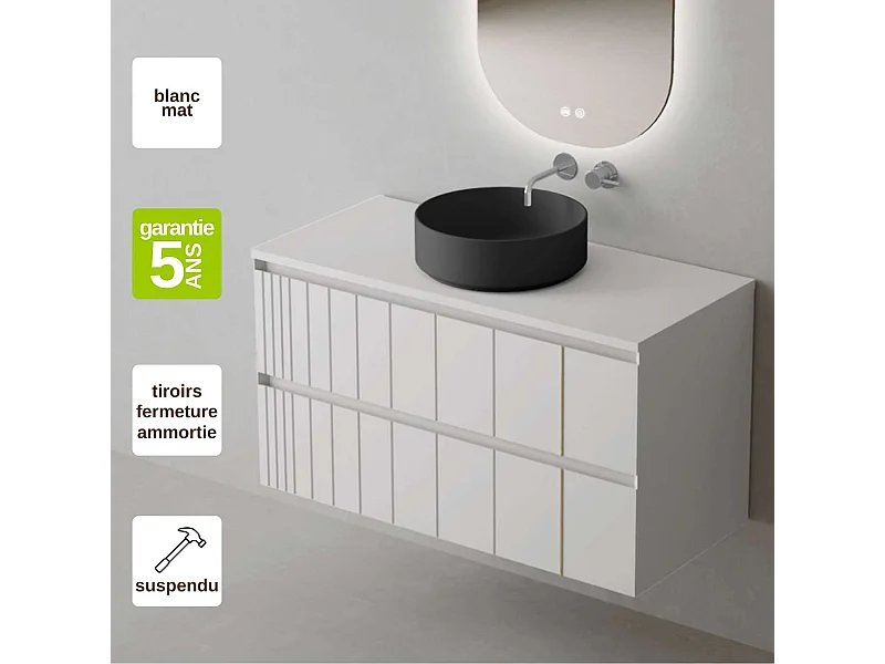 Meuble Salle de Bain POLE (61 cm x H54 x P45 cm), Plan Vasque Marin ROLL N.Mat, 2 Tiroirs, Laqué Blanc Mat