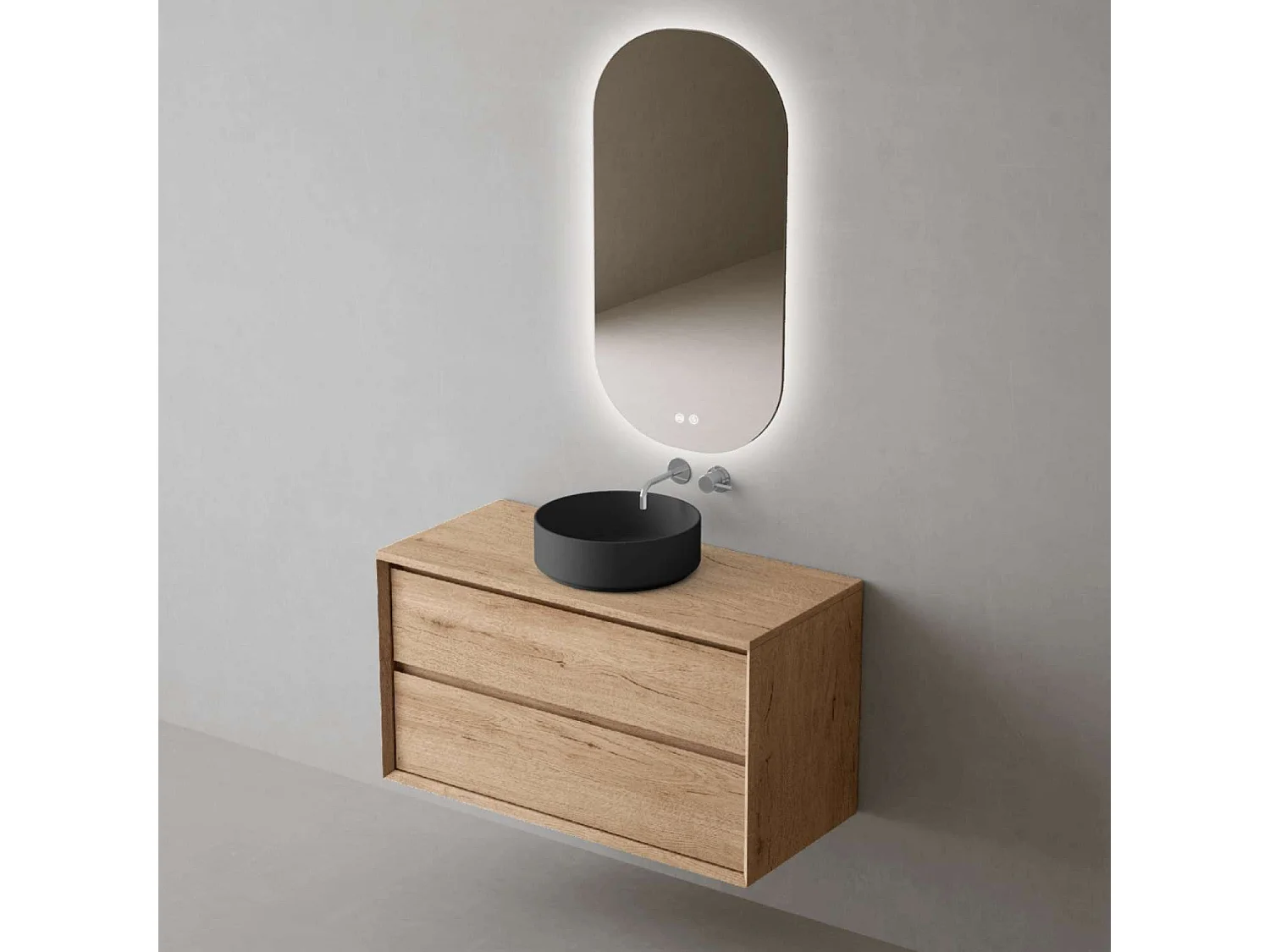 Meuble Salle de Bain COOL  (81 cm x H54 x P45 cm), Plan Vasque Marin ROLL NM, 2 Tiroirs, Chêne Naturel