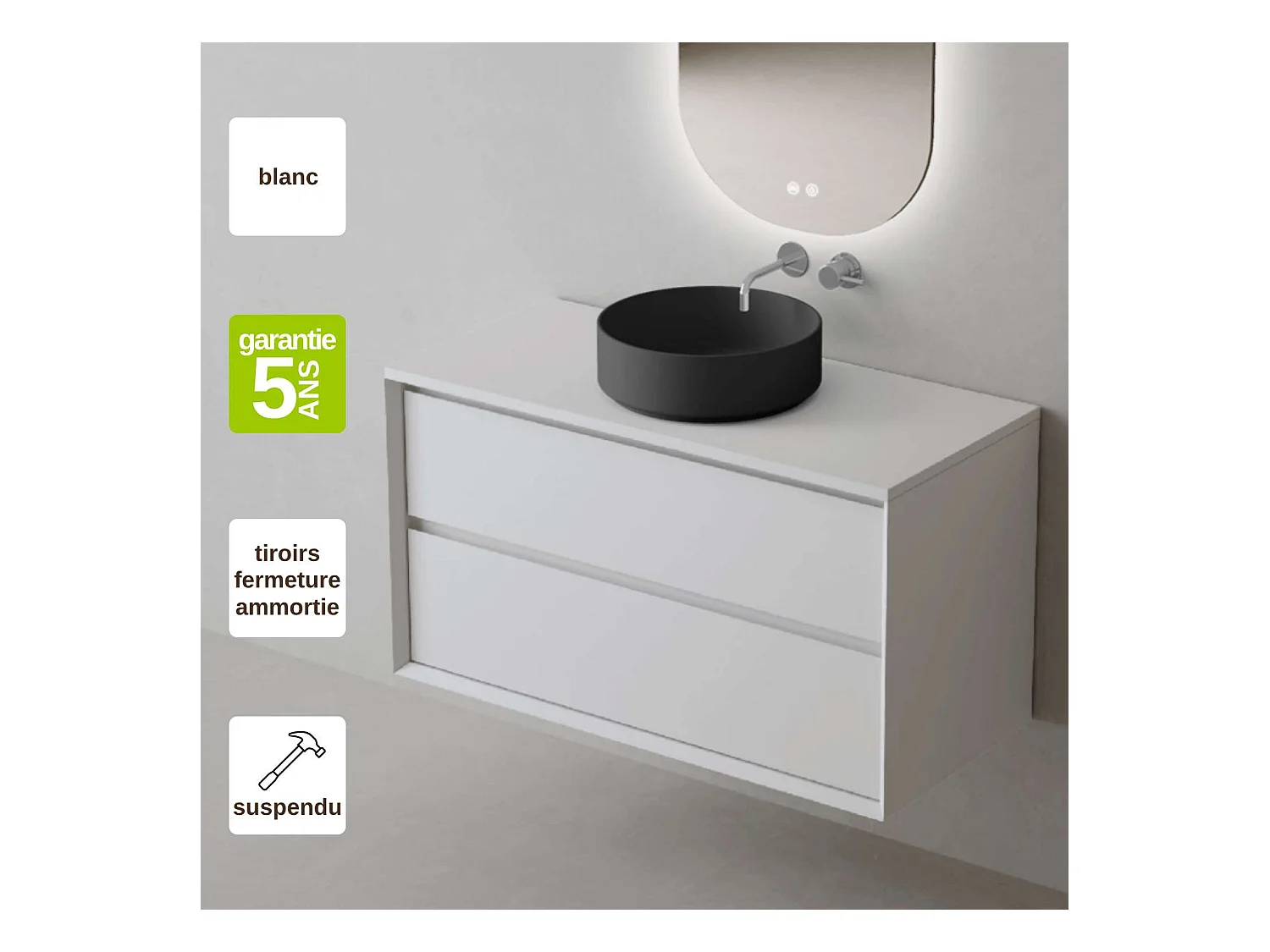 Meuble Salle de Bain COOL  (81 cm x H54 x P45 cm), Plan Vasque Marin ROLL NM, 2 Tiroirs, Laqué Blanc Mat/Noyer