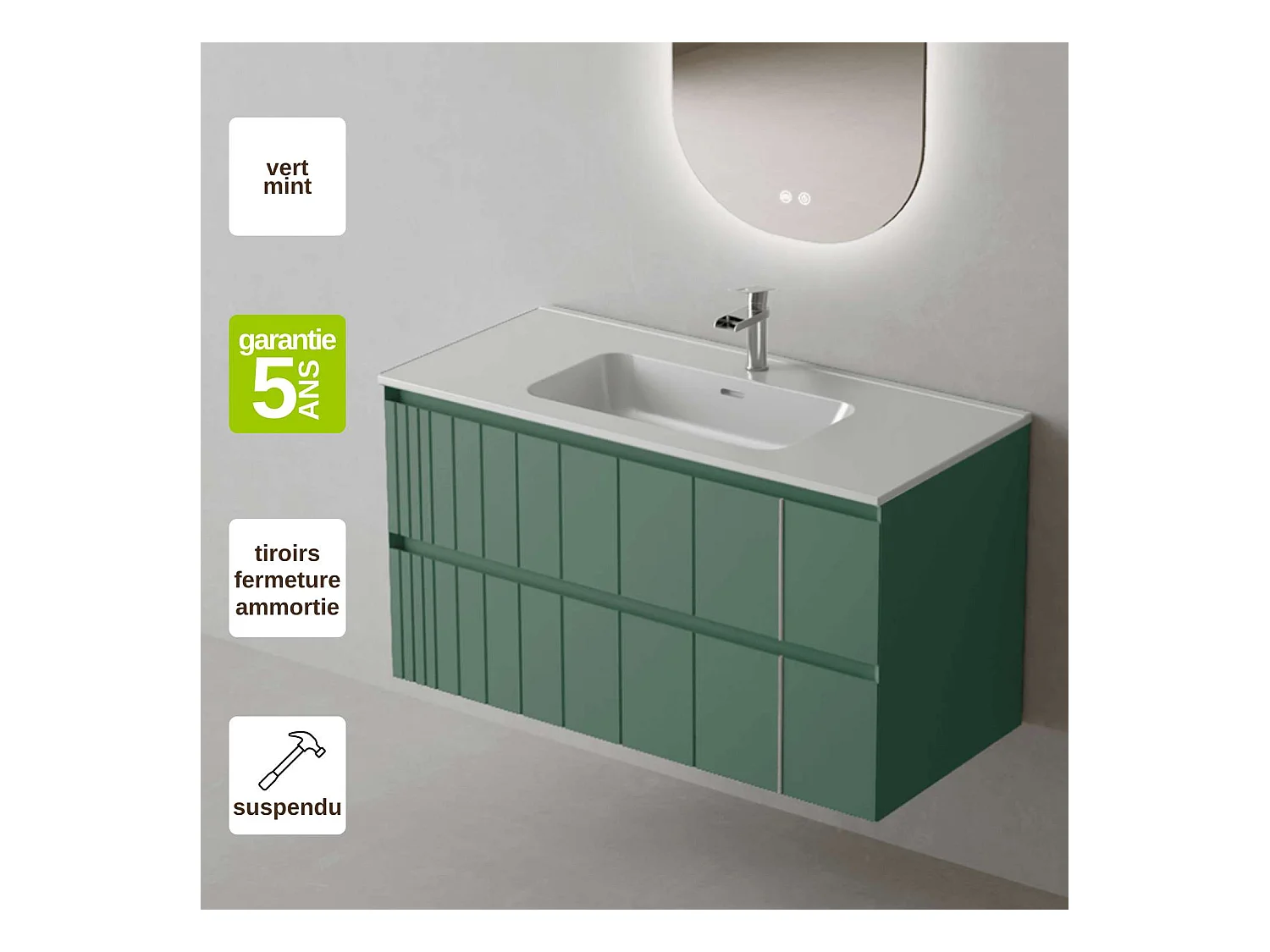 Meuble Salle de Bain POLE (81 cm x H54 x P45 cm), Plan Vasque Céramique WB, 2 Tiroirs, Laqué Vert Mint