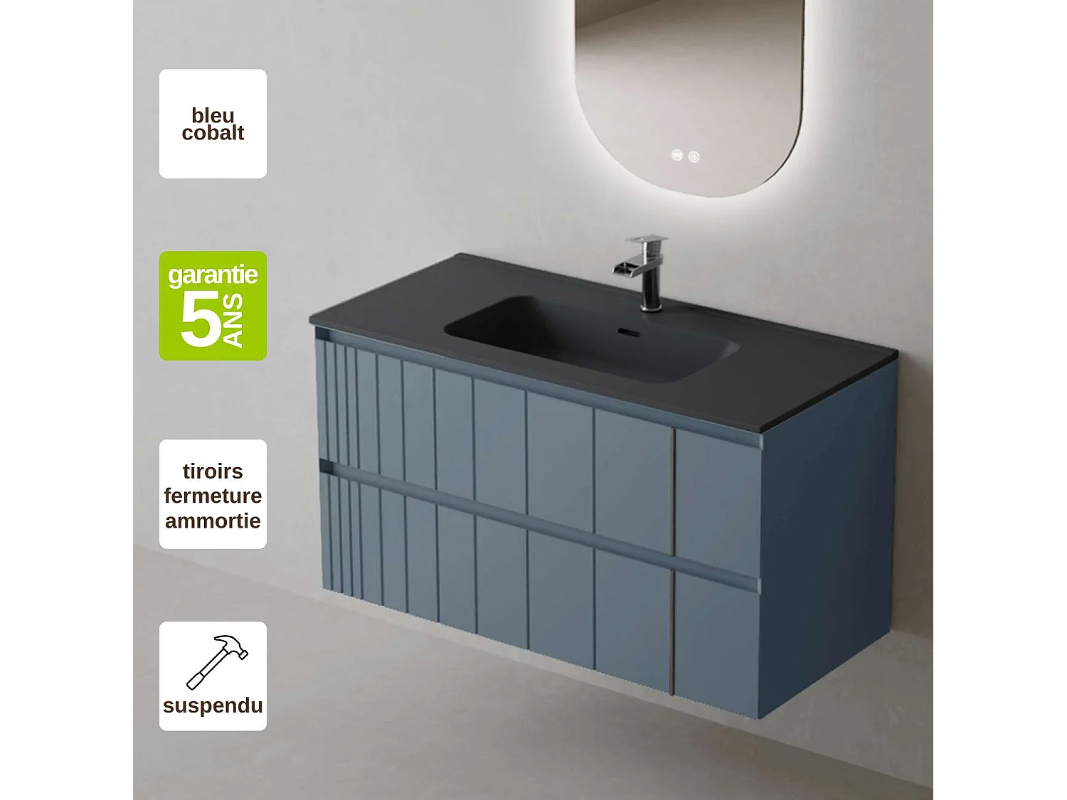 Meuble Salle de Bain POLE 100cm, Plan Vasque Céramique, 2 Tiroirs, Laqué Bleu Cobalt, H 54cm x P 45cm