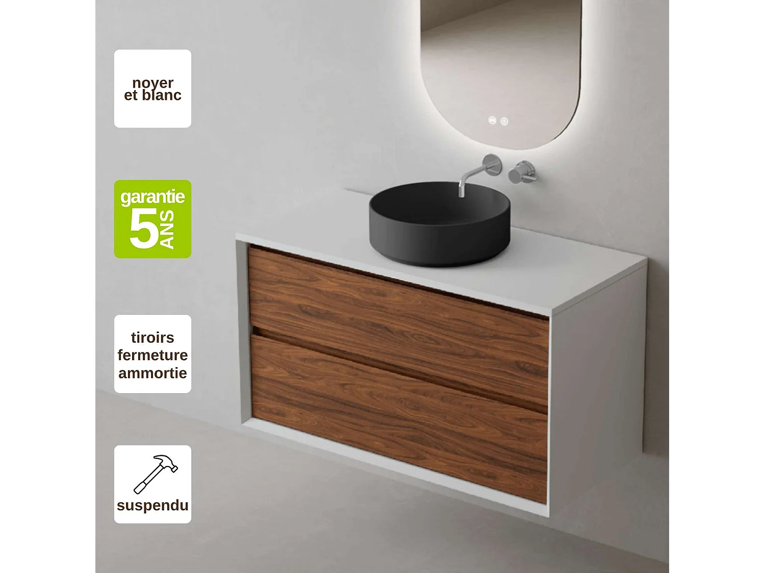 Meuble Salle de Bain COOL  (101 cm x H54 x P45 cm), Plan Vasque Marin ROLL NM, 2 Tiroirs, Laqué Blanc Mat/Noyer