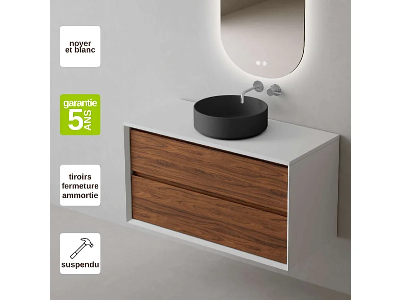 Meuble Salle de Bain COOL  (101 cm x H54 x P45 cm), Plan Vasque Marin ROLL NM, 2 Tiroirs, Laqué Blanc Mat/Noyer