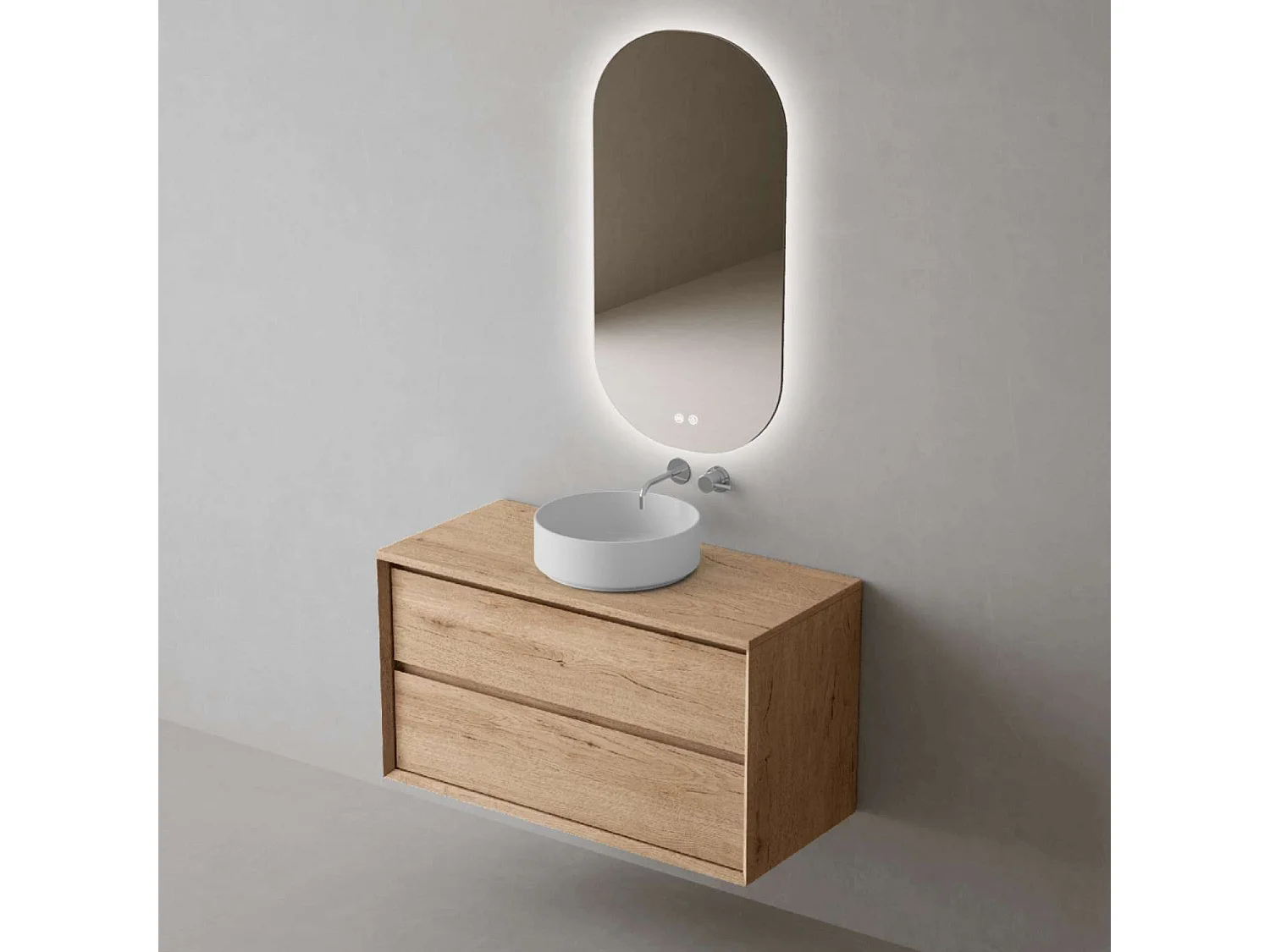 Meuble Salle de Bain COOL  (61 cm x H54 x P45 cm), Plan Vasque Marin ROLL WM, 2 Tiroirs, Chêne Naturel