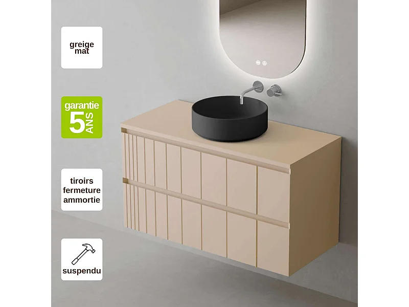 Meuble Salle de Bain POLE (61 cm x H54 x P45 cm), Plan Vasque Marin ROLL N.Mat, 2 Tiroirs, Laqué Greige Mat