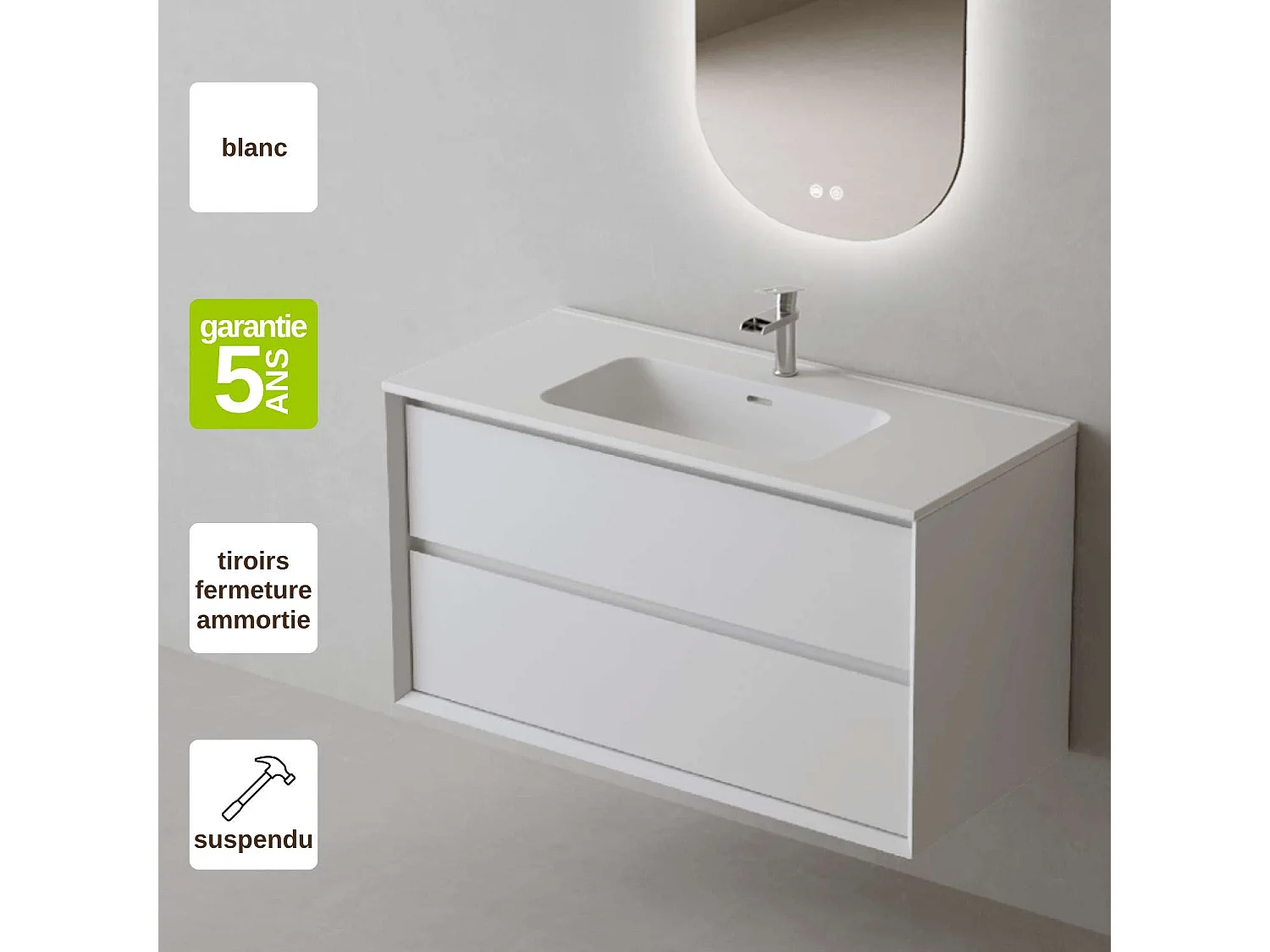 Meuble Salle de Bain COOL  (101 cm x H54 x P45 cm), Plan Vasque Céramique WM, 2 Tiroirs, Laqué Blanc Mat/Noyer