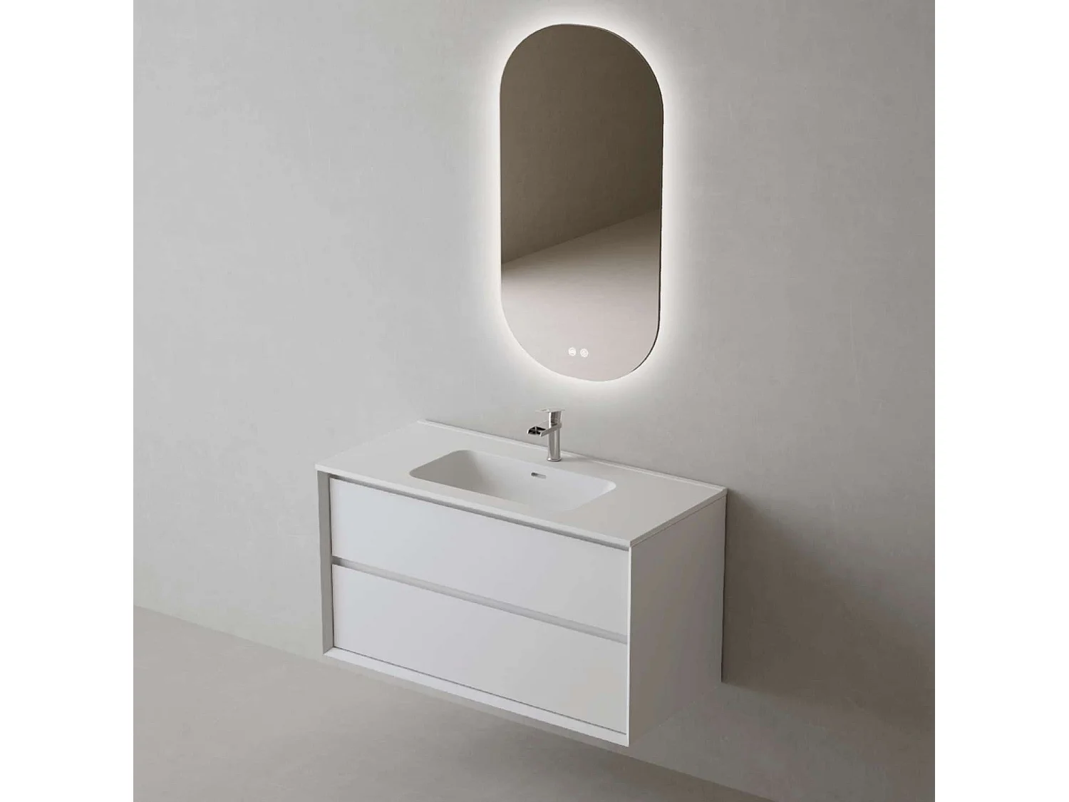 Meuble Salle de Bain COOL  (101 cm x H54 x P45 cm), Plan Vasque Céramique WM, 2 Tiroirs, Laqué Blanc Mat/Noyer