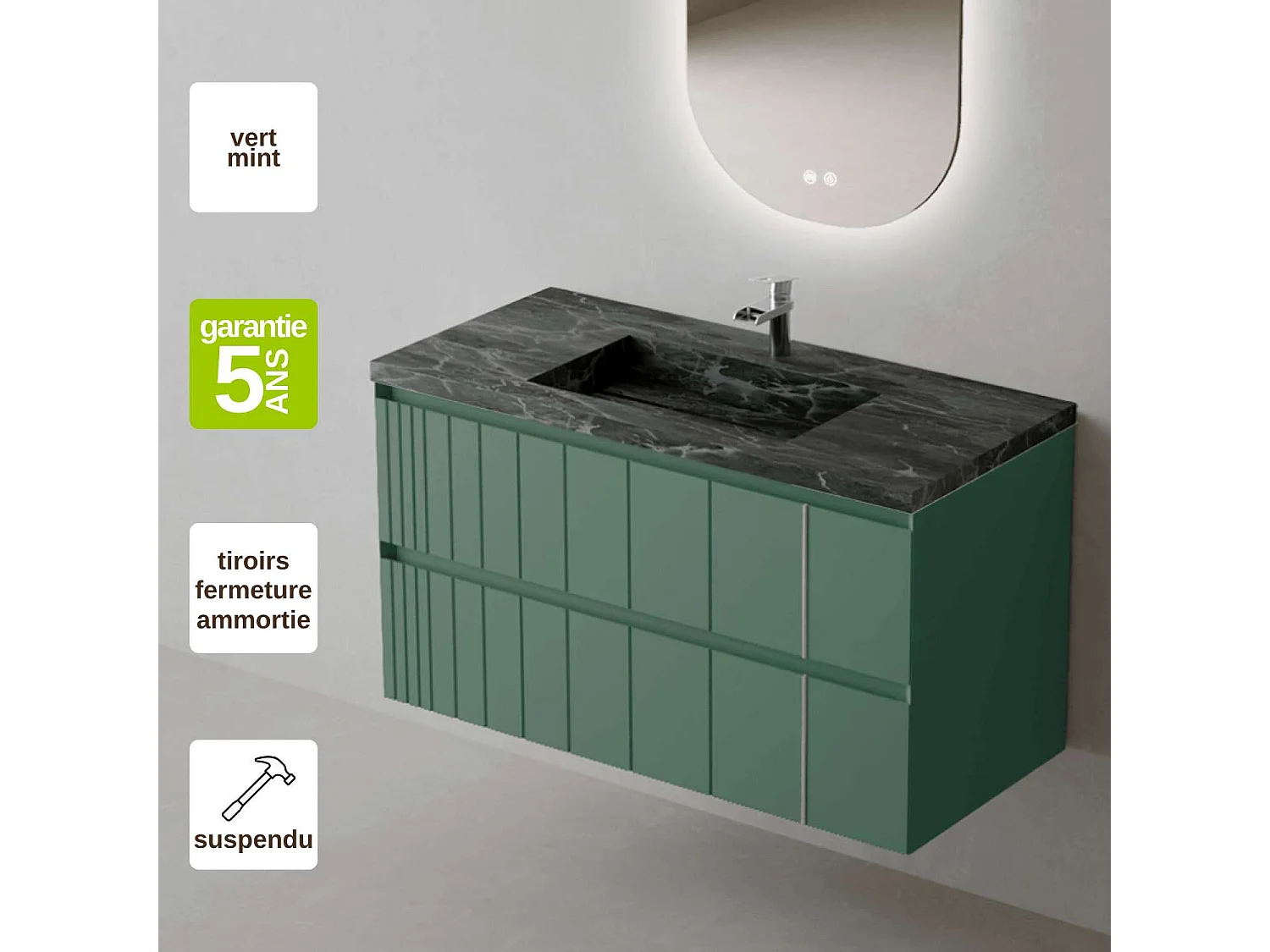 Meuble Salle de Bain POLE 80cm, Plan Vasque Grès Cérame, 2 Tiroirs, Laqué Vert Mint, H 54cm x P 45cm