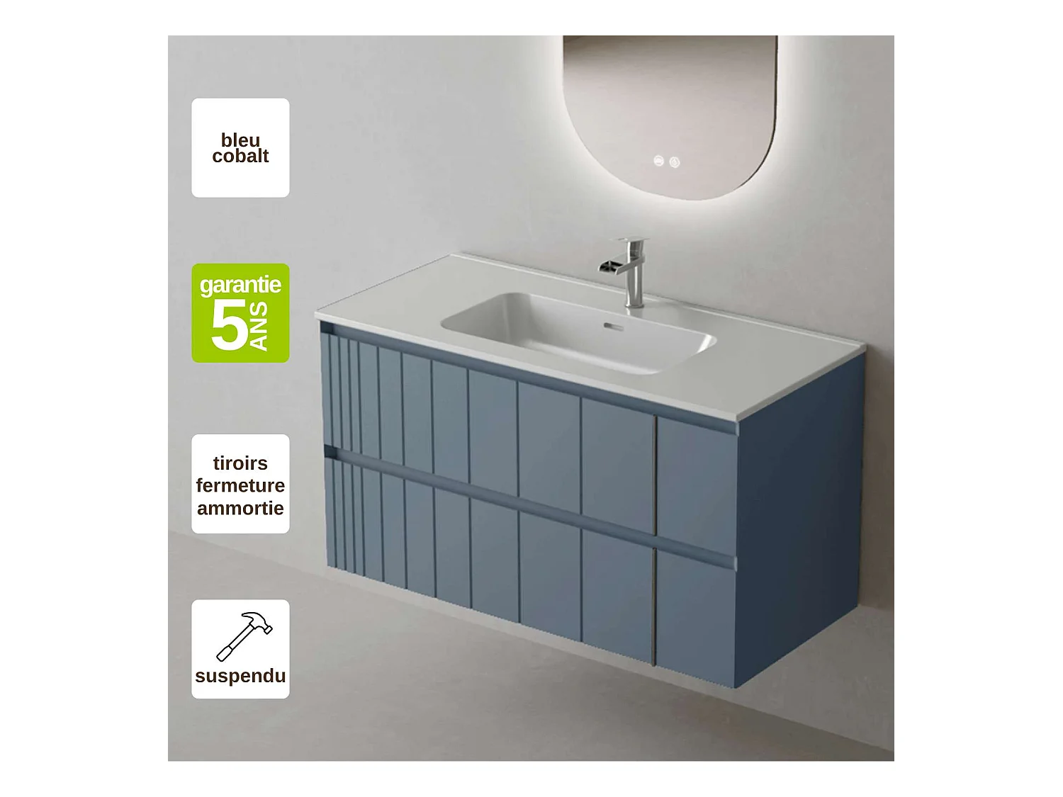 Meuble Salle de Bain POLE (101 cm x H54 x P45 cm), Plan Vasque Céramique WB, 2 Tiroirs, Laqué Bleu Cobalt Mat