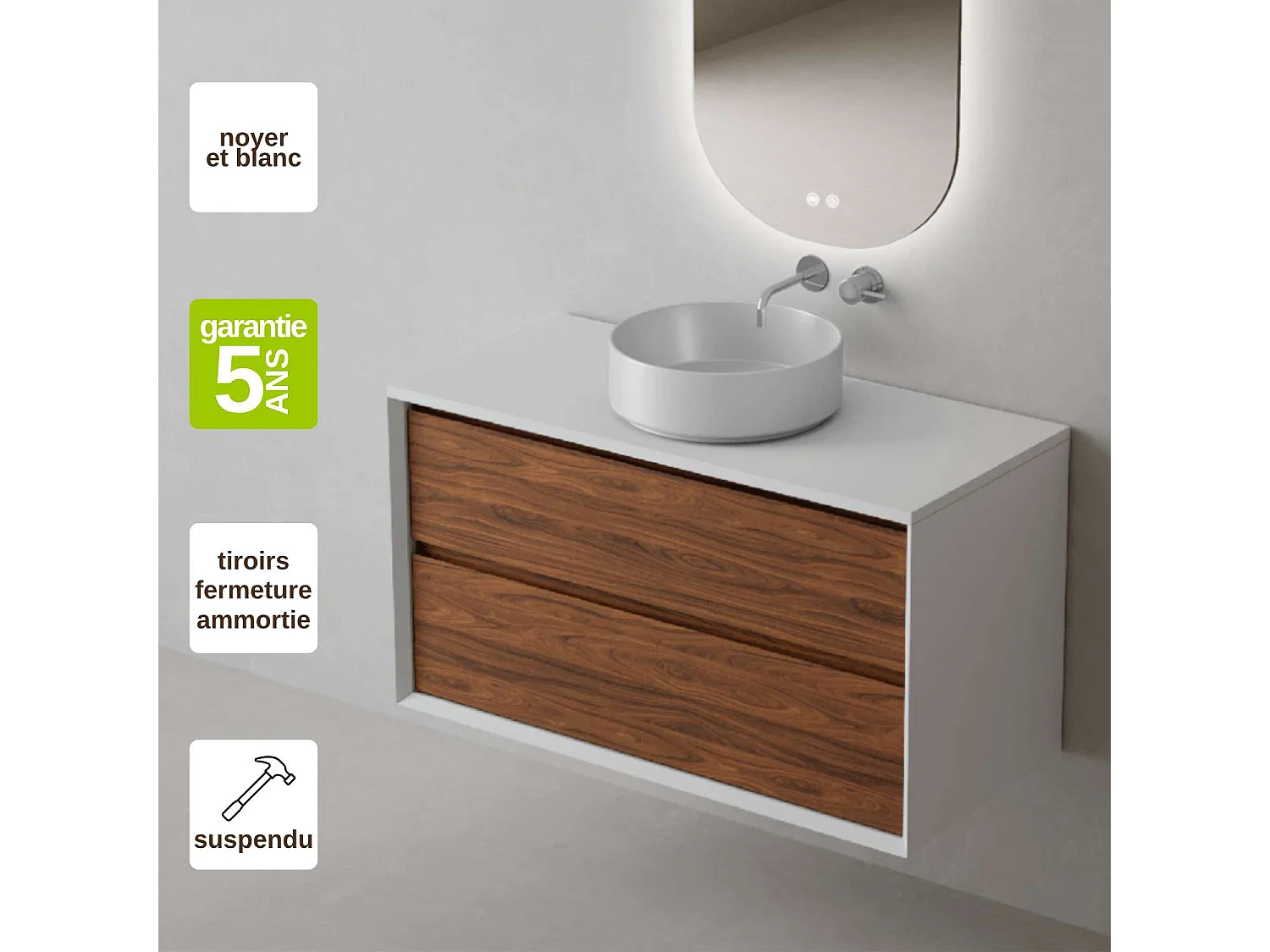 Meuble Salle de Bain COOL 60cm, Plan Vasque Marin ROLL, 2 Tiroirs, Laqué Blanc Mat/Noyer, H 54cm x P 45cm