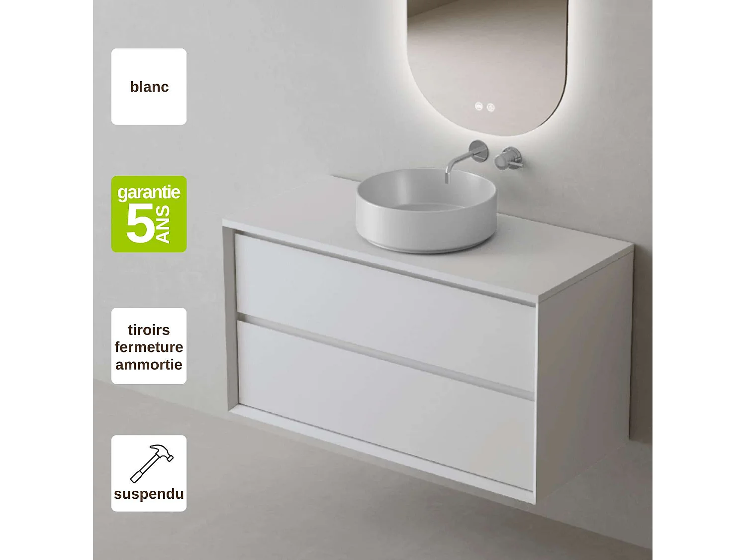 Meuble Salle de Bain COOL  (81 cm x H54 x P45 cm), Plan Vasque Marin ROLL WB, 2 Tiroirs, Laqué Blanc Mat/Noyer