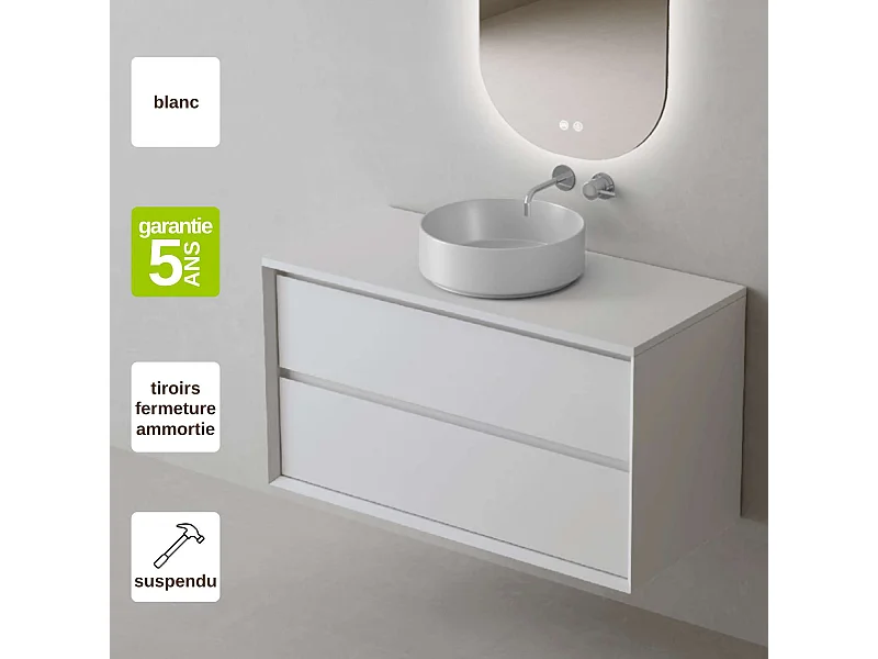 Meuble Salle de Bain COOL  (81 cm x H54 x P45 cm), Plan Vasque Marin ROLL WB, 2 Tiroirs, Laqué Blanc Mat/Noyer