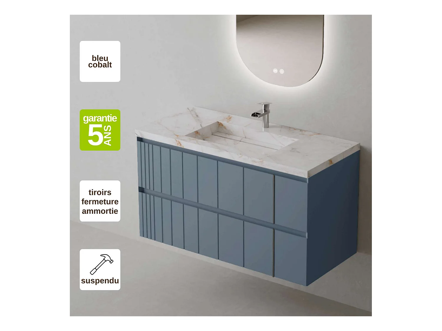 Meuble Salle de Bain POLE (101 cm x H54 x P45 cm), Plan Grès Cérame BS, 2 Tiroirs, Laqué Bleu Cobalt Mat