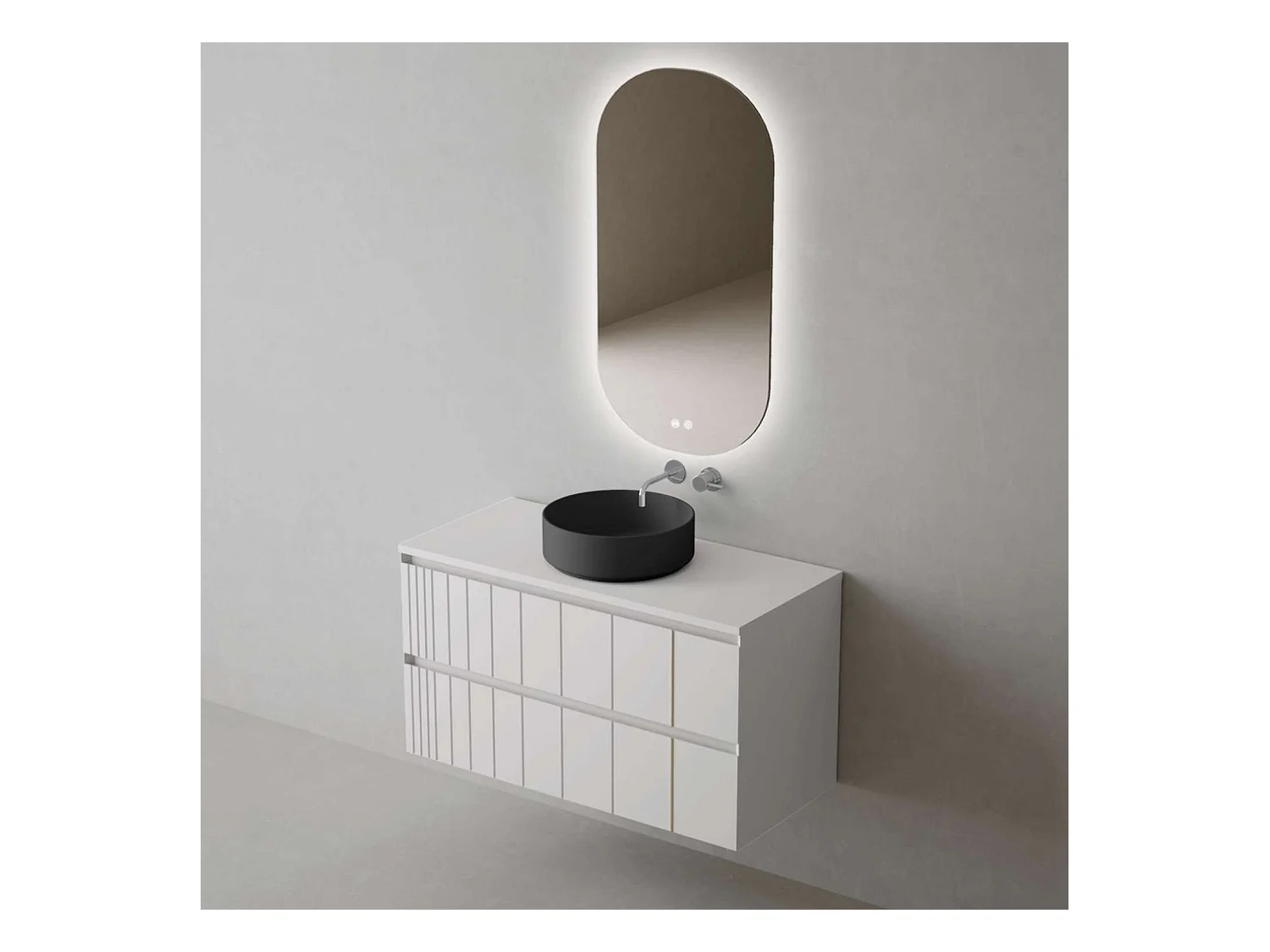 Meuble Salle de Bain POLE (101 cm x H54 x P45 cm), Plan Vasque Marin ROLL N.Mat, 2 Tiroirs, Laqué Blanc Mat