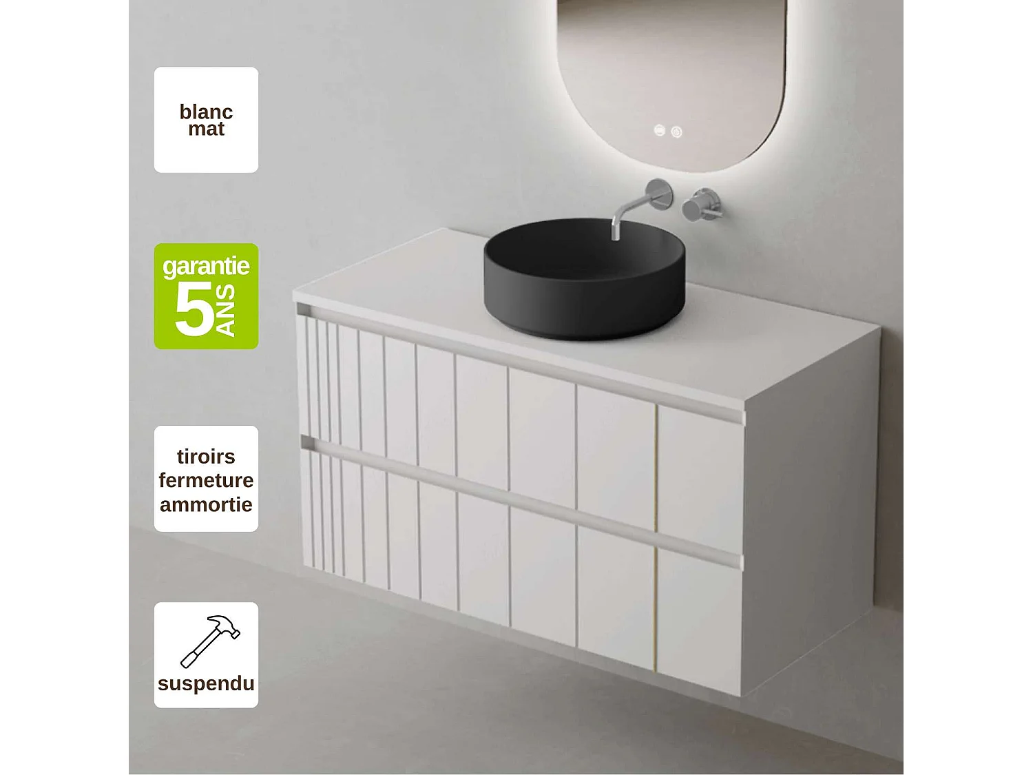 Meuble Salle de Bain POLE (101 cm x H54 x P45 cm), Plan Vasque Marin ROLL N.Mat, 2 Tiroirs, Laqué Blanc Mat