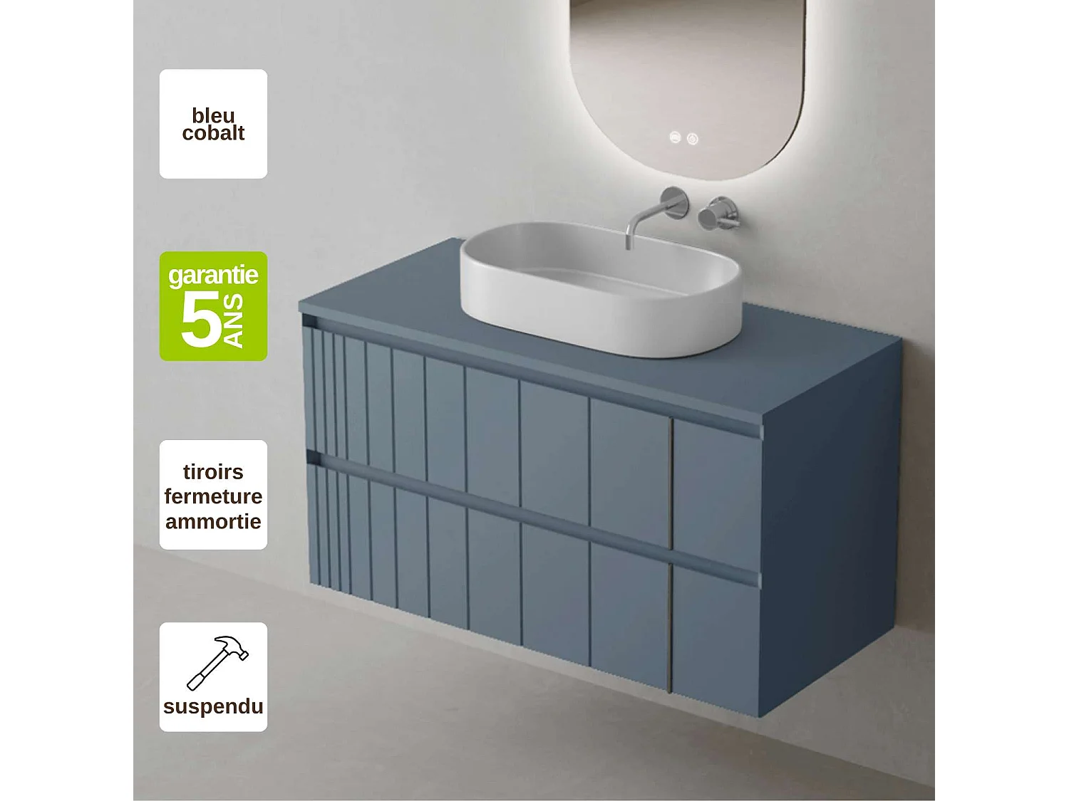 Meuble Salle de Bain POLE 80cm, Plan Vasque Marin VAL, 2 Tiroirs, Laqué Bleu Cobalt, H 54cm x P 45cm