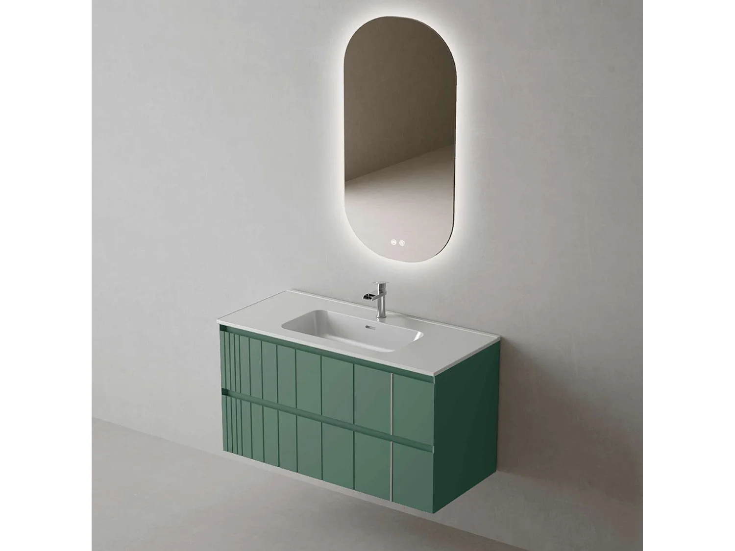 Meuble Salle de Bain POLE (101 cm x H54 x P45 cm), Plan Vasque Céramique WB, 2 Tiroirs, Laqué Vert Mint