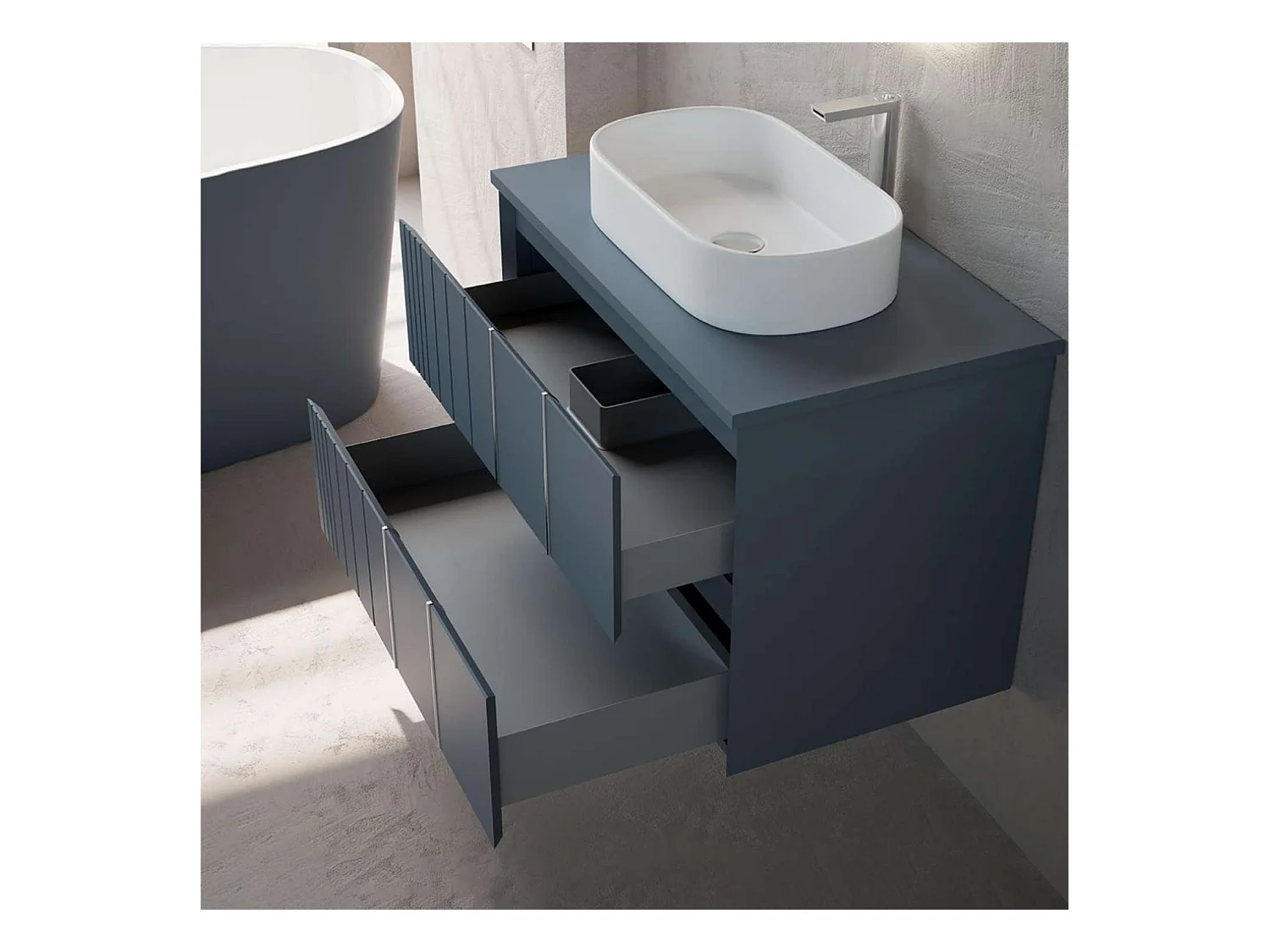 Meuble Salle de Bain POLE (101 cm x H54 x P45 cm), Plan Grès Cérame NA, 2 Tiroirs, Laqué Bleu Cobalt Mat