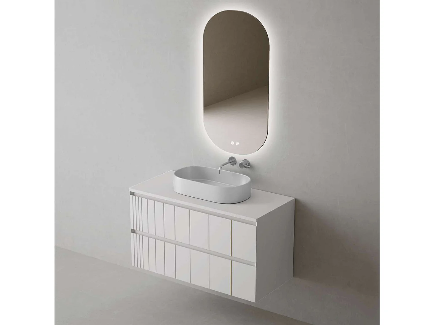 Meuble Salle de Bain POLE (61 cm x H54 x P45 cm), Plan Vasque Marin VAL WB, 2 Tiroirs, Laqué Blanc Mat