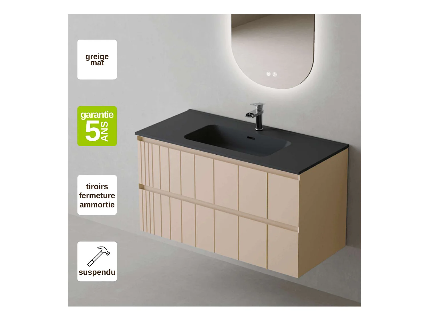 Meuble Salle de Bain POLE (61 cm x H54 x P45 cm), Plan Vasque Céramique NM, 2 Tiroirs, Laqué Greige Mat