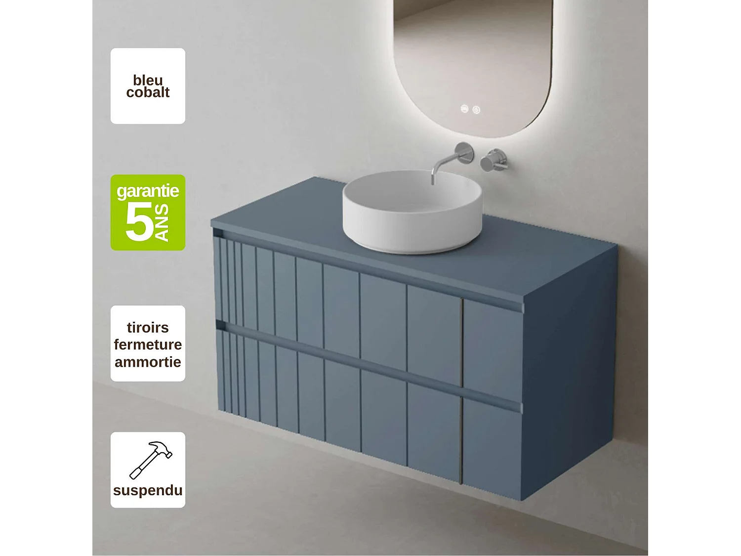 Meuble Salle de Bain POLE 60cm, Plan Vasque Marin ROLL, 2 Tiroirs, Laqué Bleu Cobalt, H 54cm x P 45cm