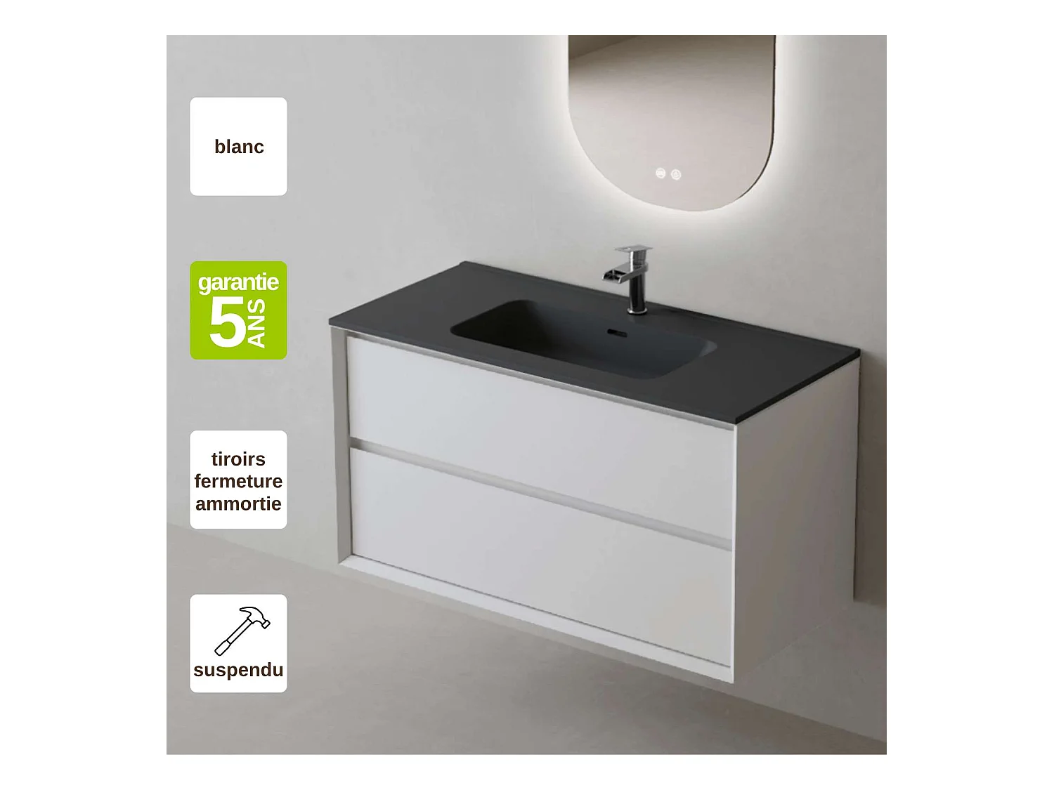 Meuble Salle de Bain COOL  (81 cm x H54 x P45 cm), Plan Vasque Céramique NM, 2 Tiroirs, Laqué Blanc Mat/Noyer