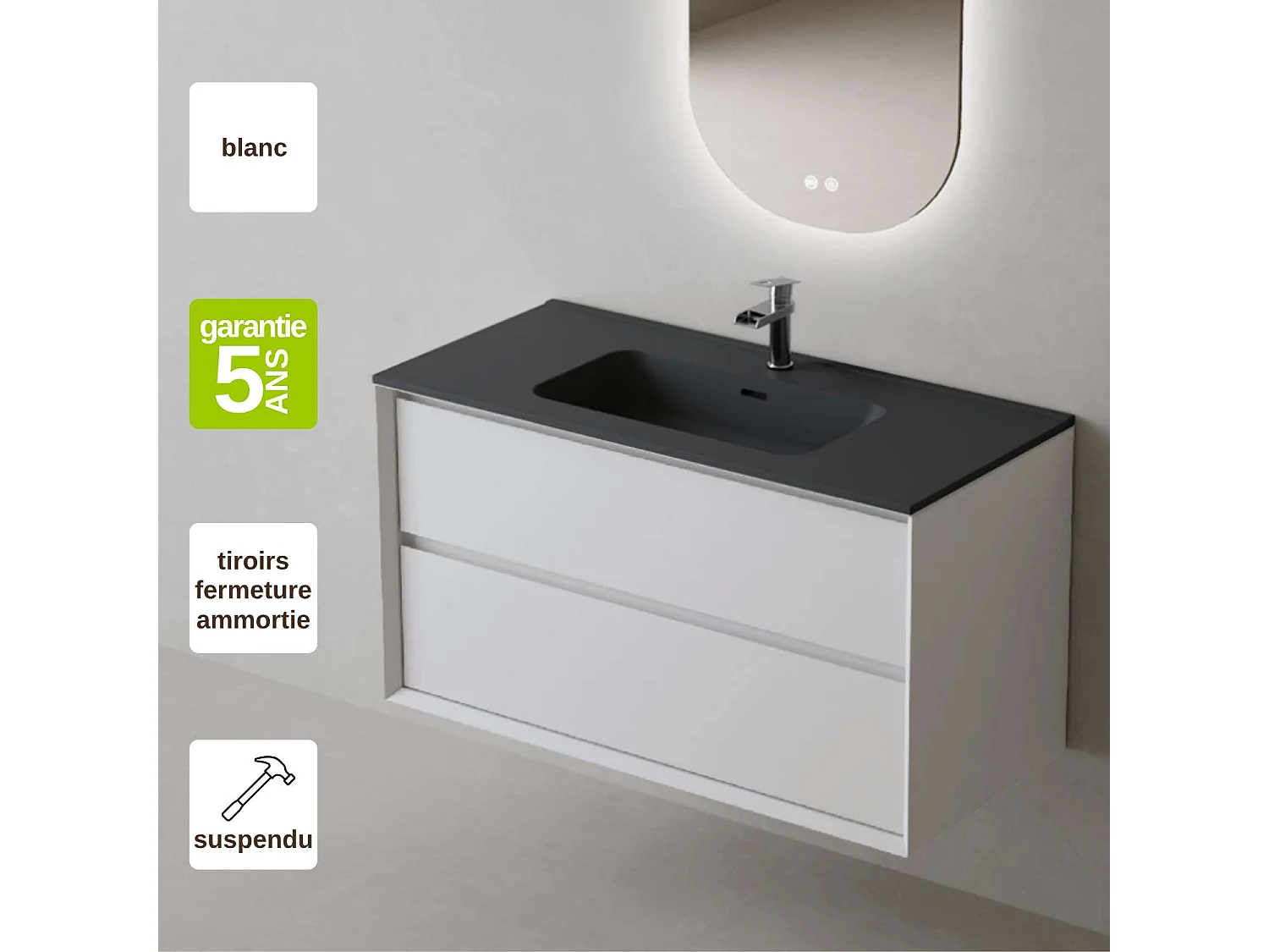 Meuble Salle de Bain COOL  (81 cm x H54 x P45 cm), Plan Vasque Céramique NM, 2 Tiroirs, Laqué Blanc Mat/Noyer