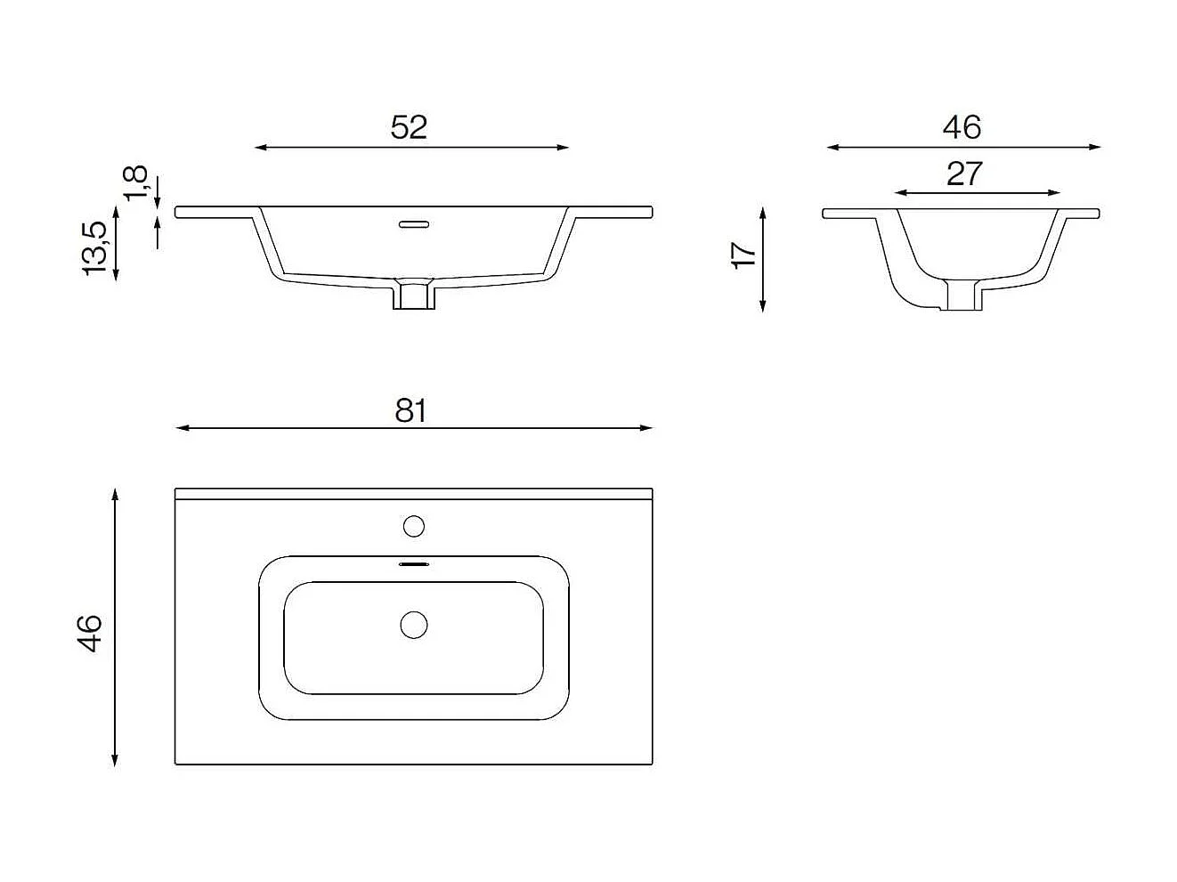 Meuble Salle de Bain COOL 80cm, Plan Vasque Céramique, 2 Tiroirs, Laqué Blanc Mat, H 54cm x P 45cm