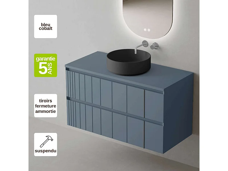 Meuble Salle de Bain POLE (61 cm x H54 x P45 cm), Plan Vasque Marin ROLL N.Mat, 2 Tiroirs, Laqué Bleu Cobalt Mat